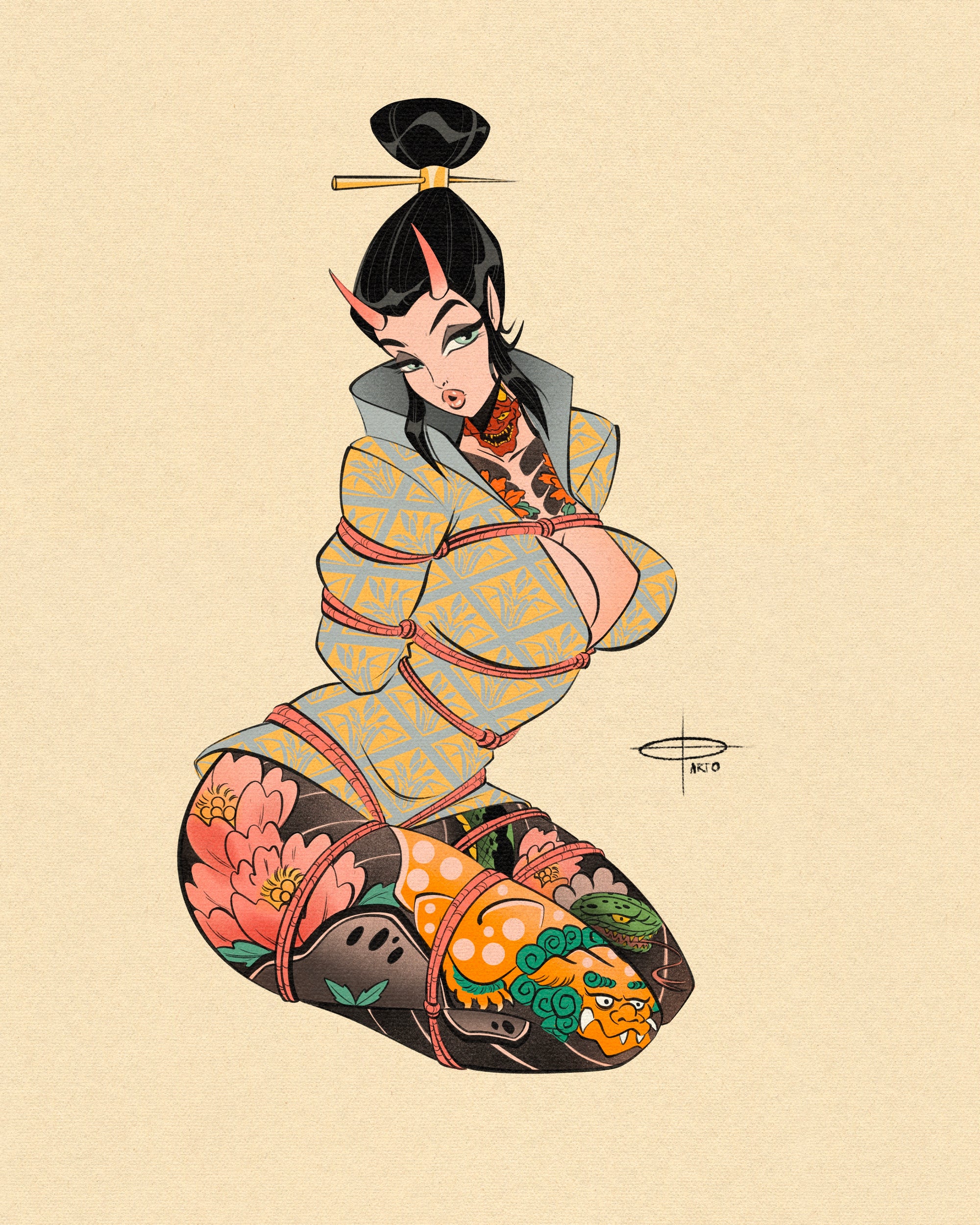 tattooed asian pinup in shibari by bloodknotcollective