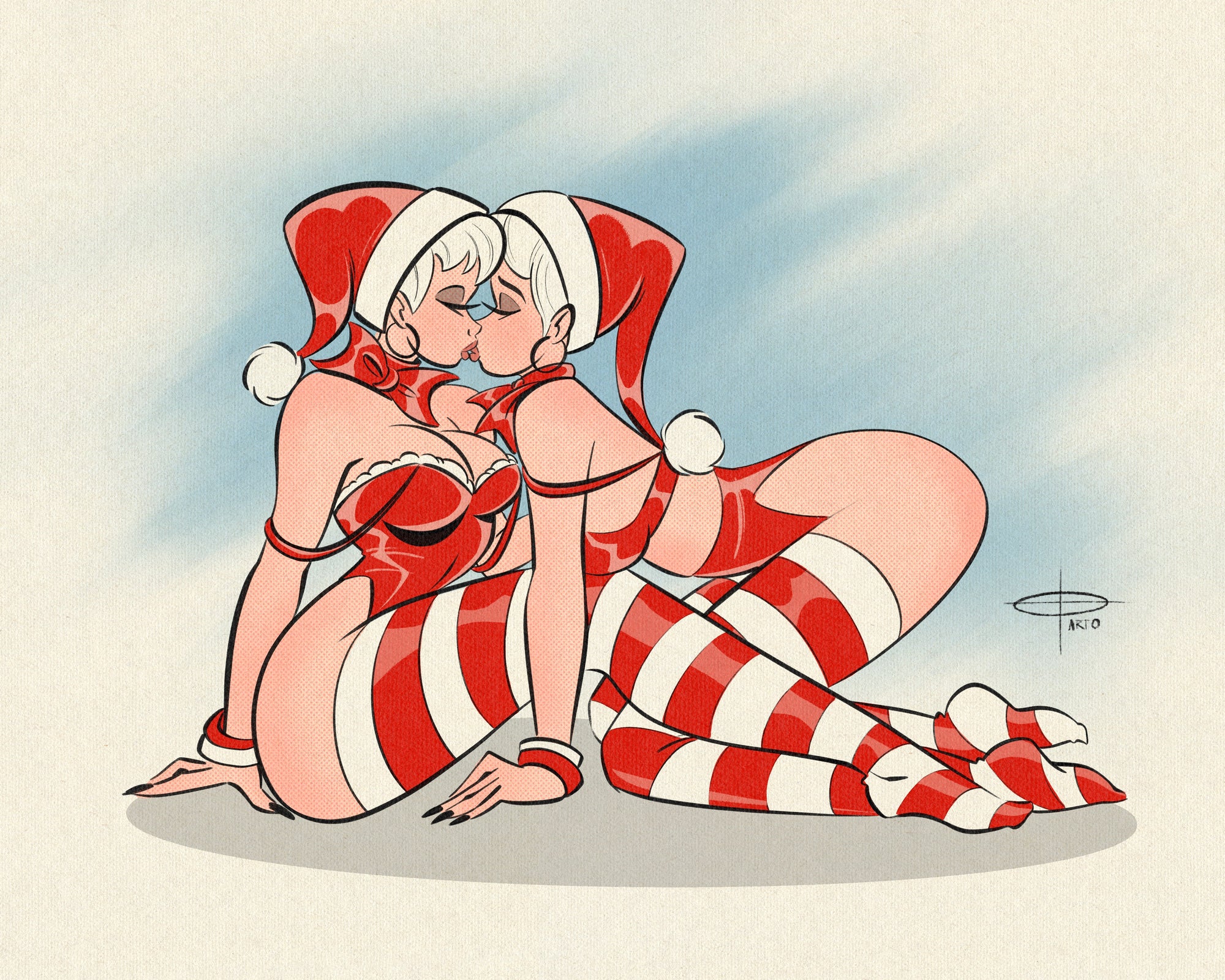 Peppermint print of two women kissing in christmas outfits by bloodknotcollective