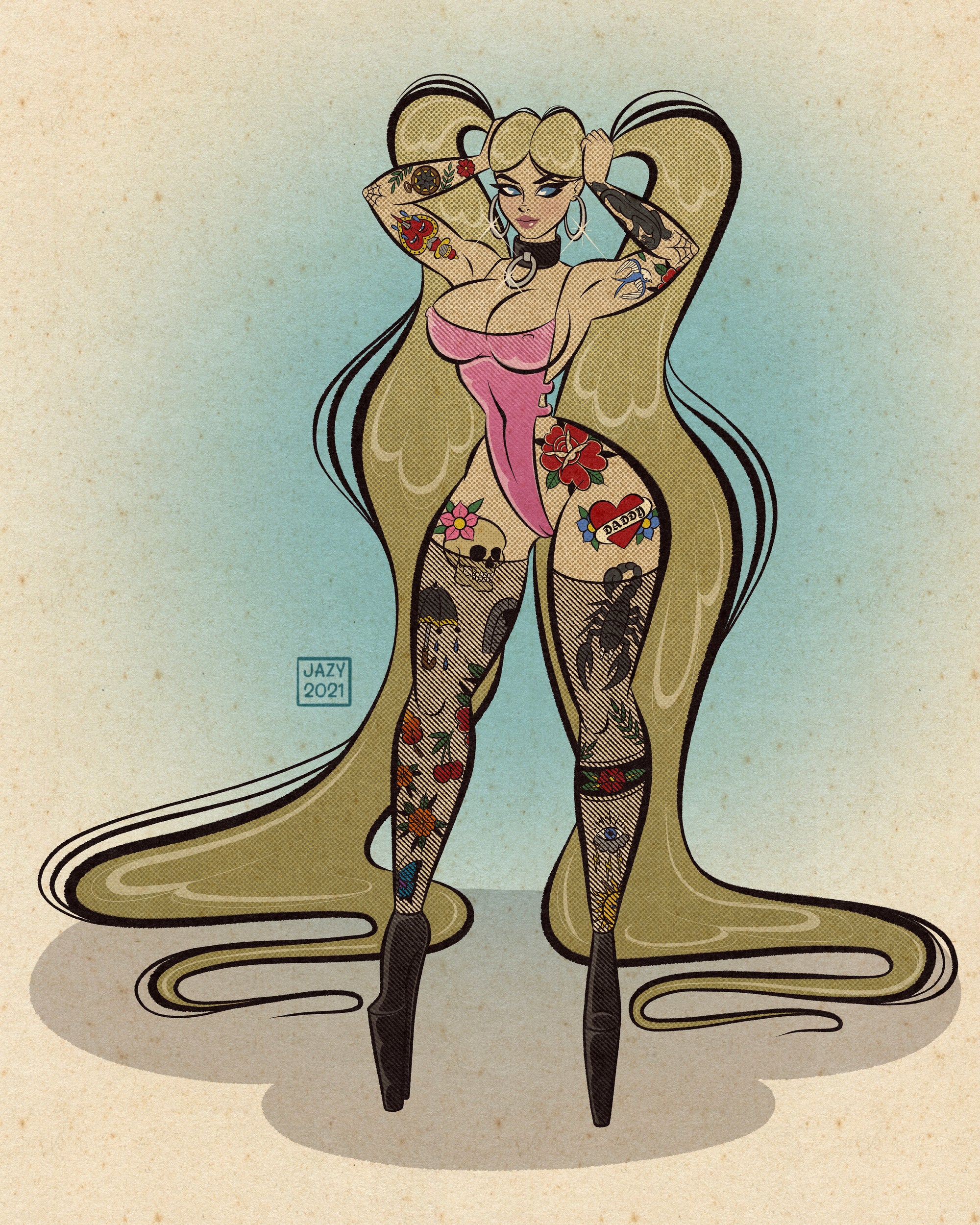pigtails pinup with hair to the floor and traditional tattoos. 