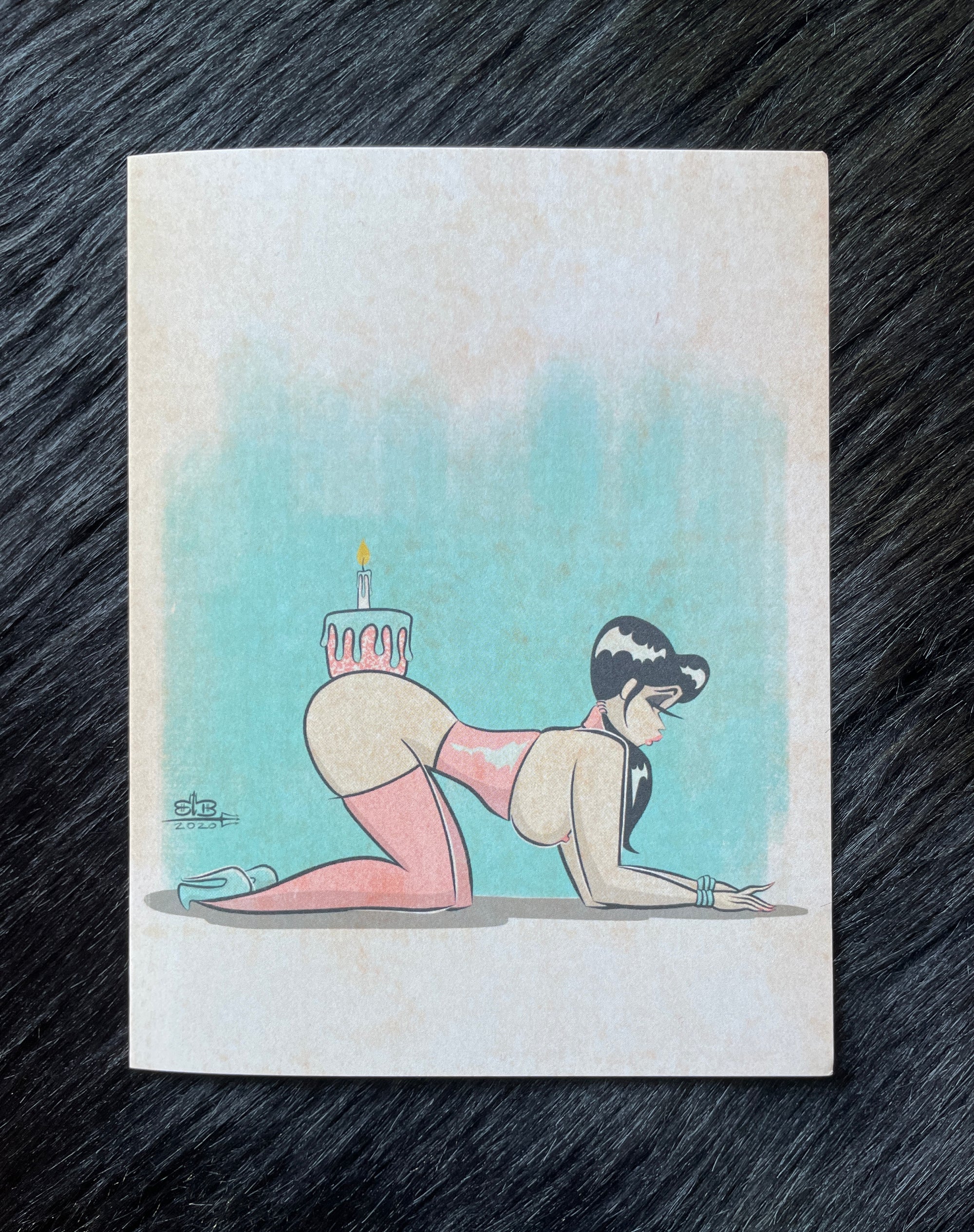 pink birthday card with cake on butt of kneeling female by bloodknotcollective