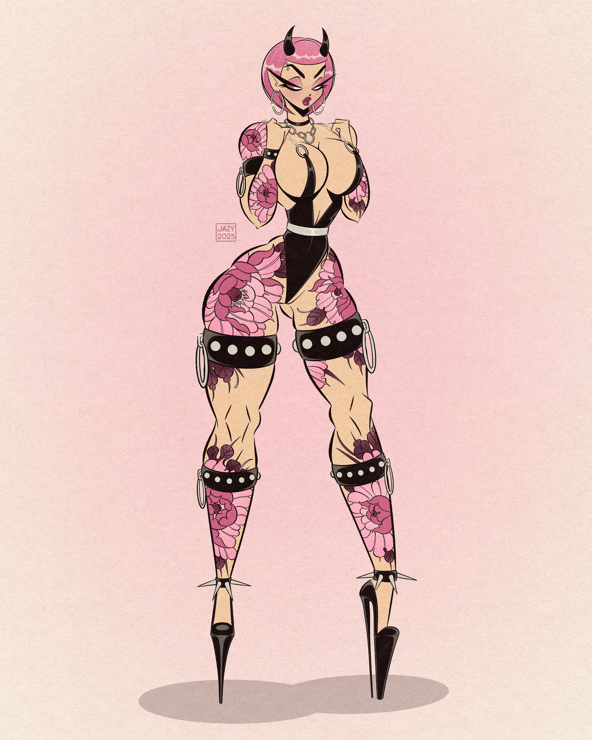 gothic pink demon with peony tattoos print by bloodknotcollective