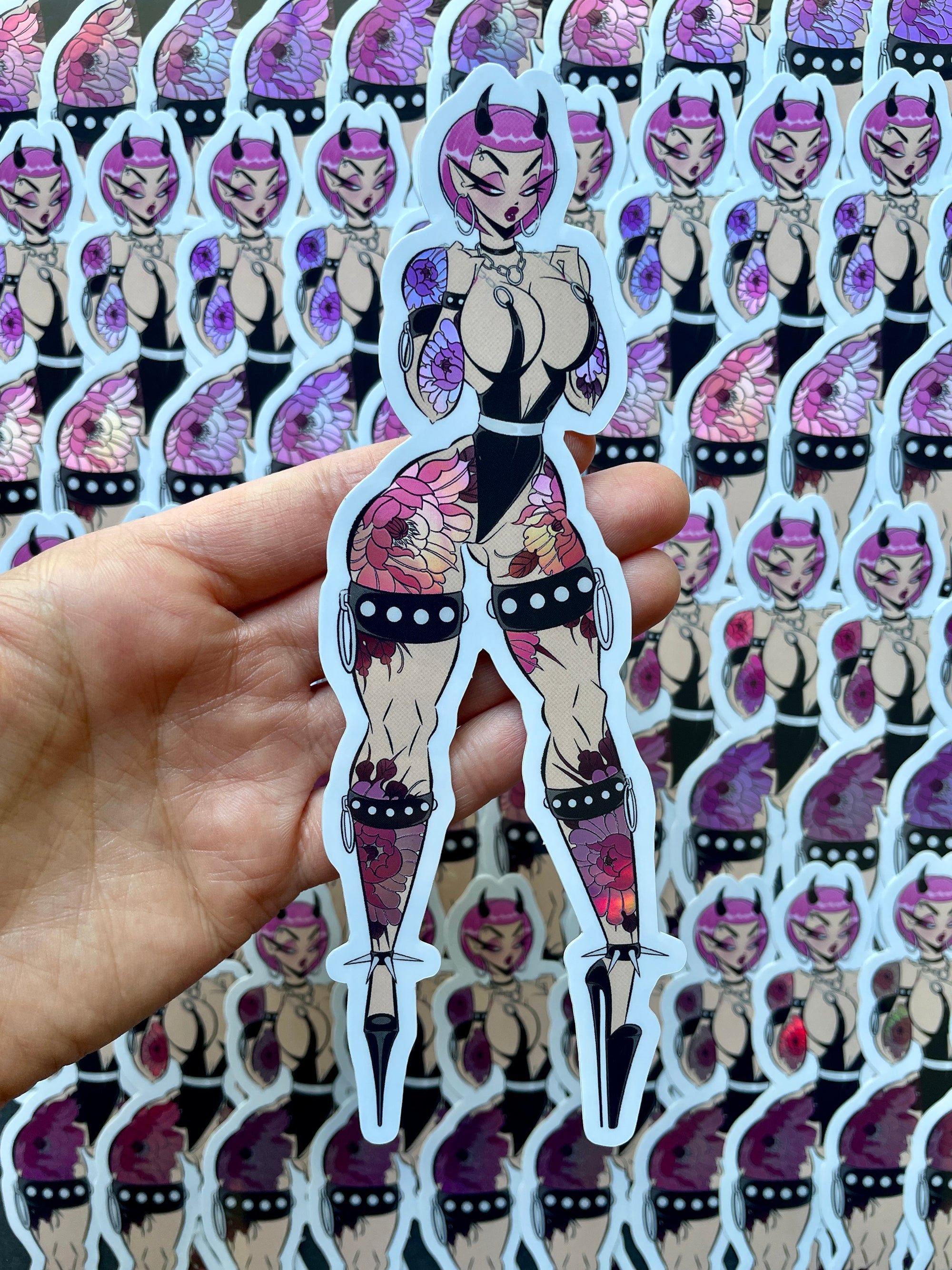 pink devil girl with tattoos jumbo holographic sticker by bloodknotcollective