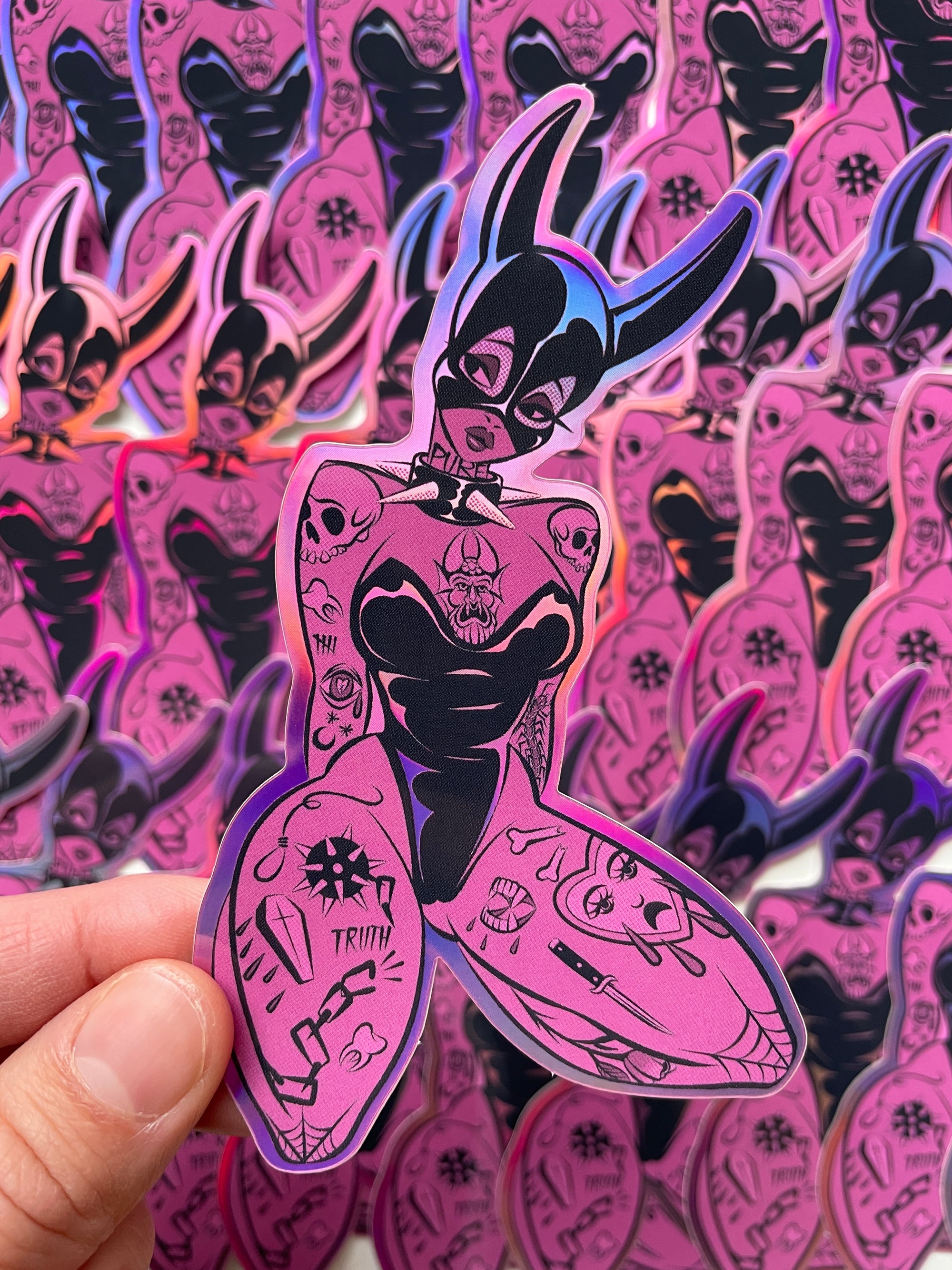 pink tattooed devil holographic sticker