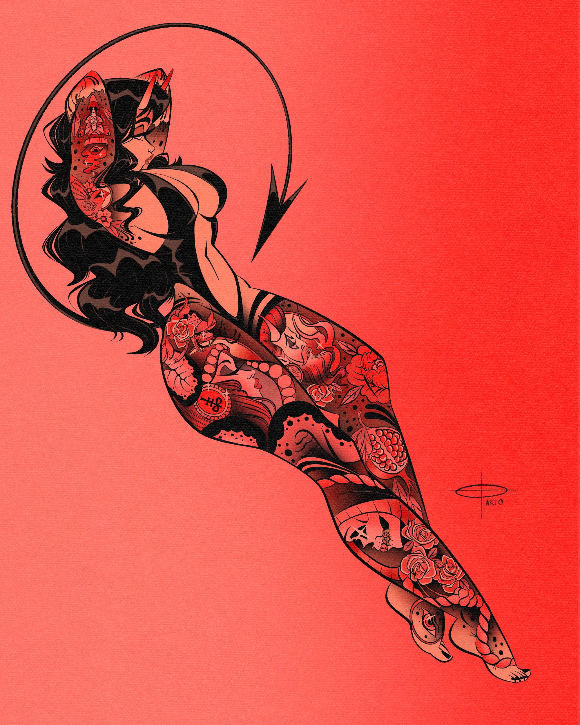 Pink neotrad devil print with pink neotraditional tattoos by Bloodknotcollective 