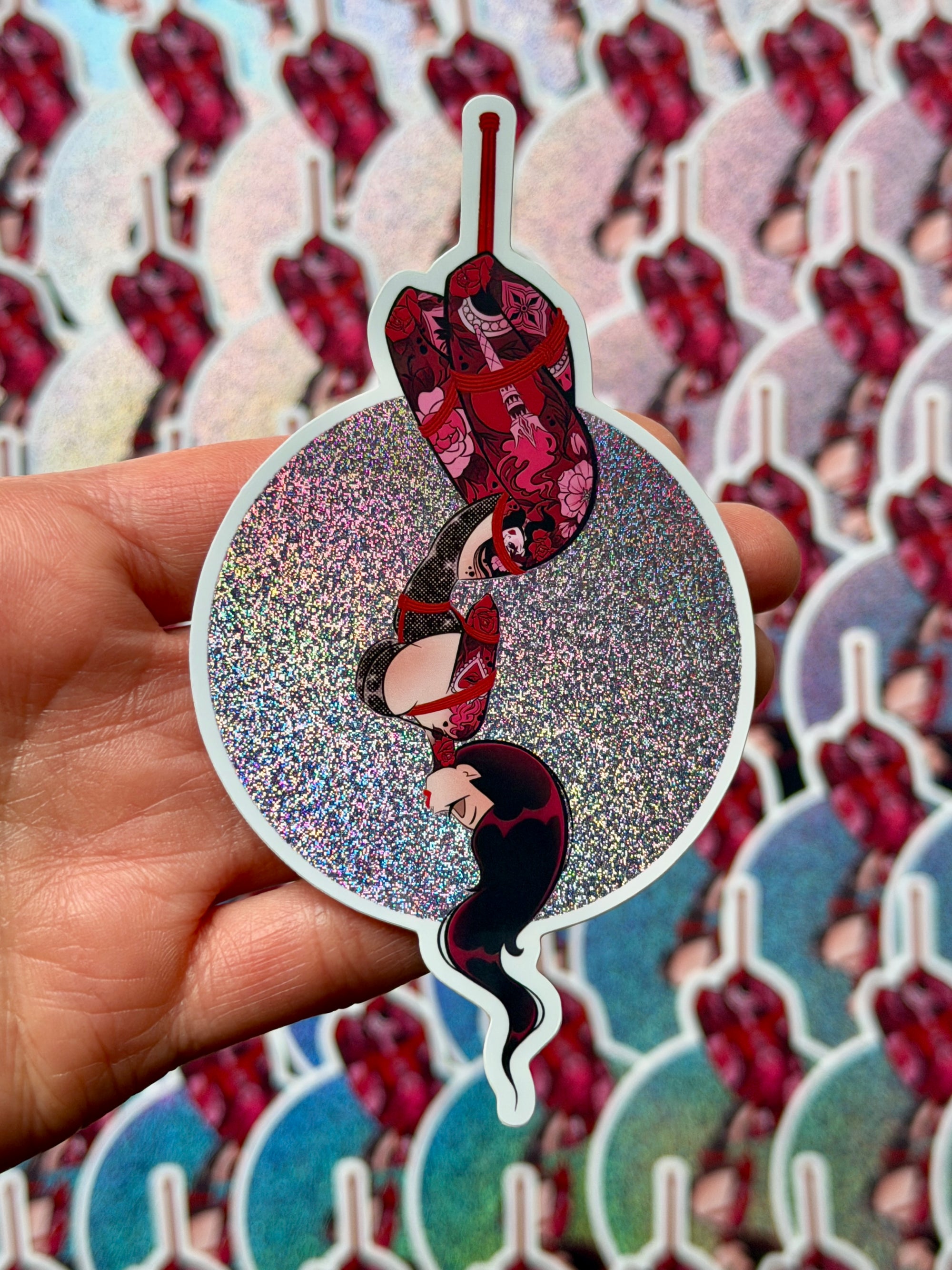 pixie dust glitter die cut vinyl sticker of tattooed woman in shibari