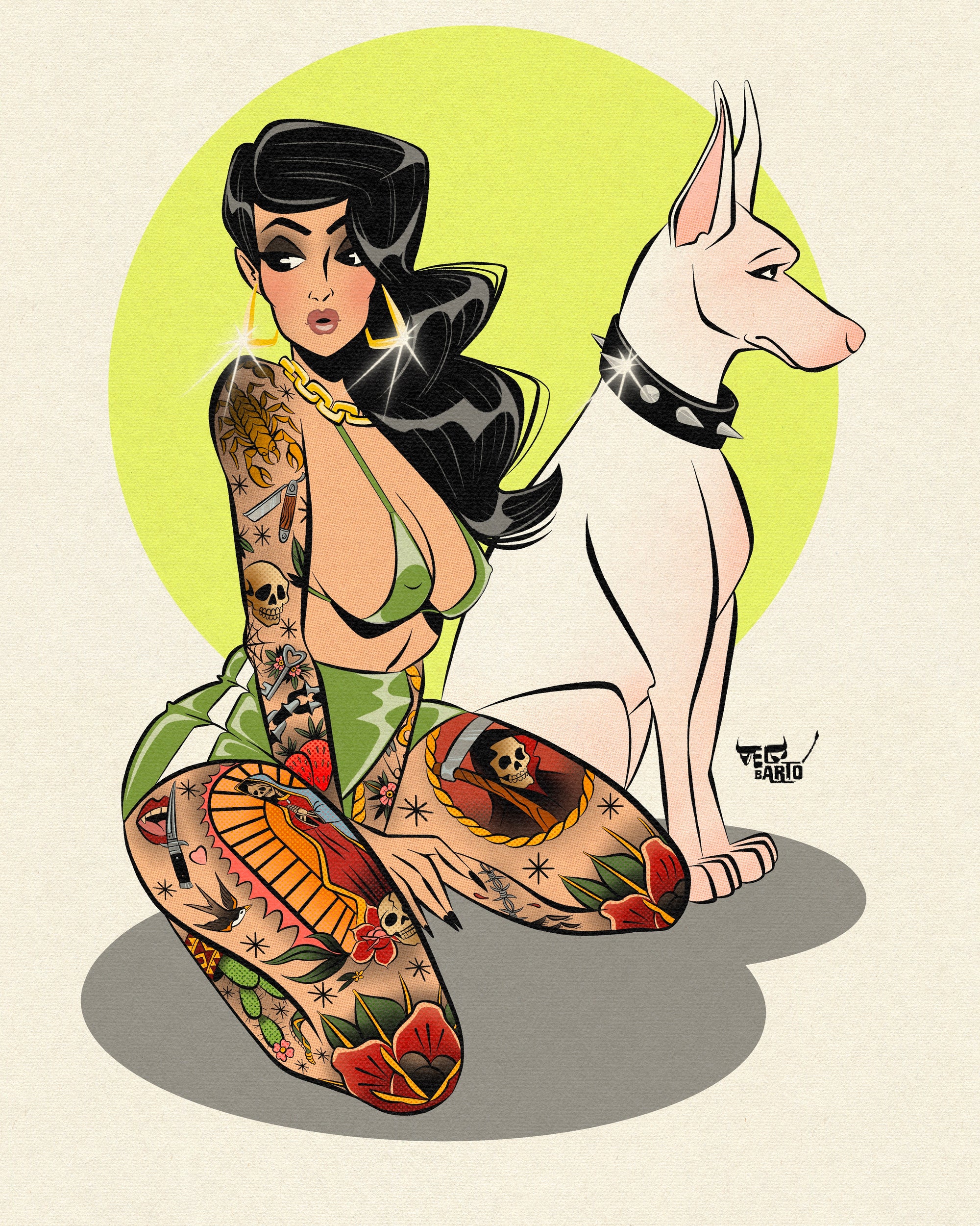Pinup and pup print of mexican woman with tattoos and dog by bloodknotcollective.