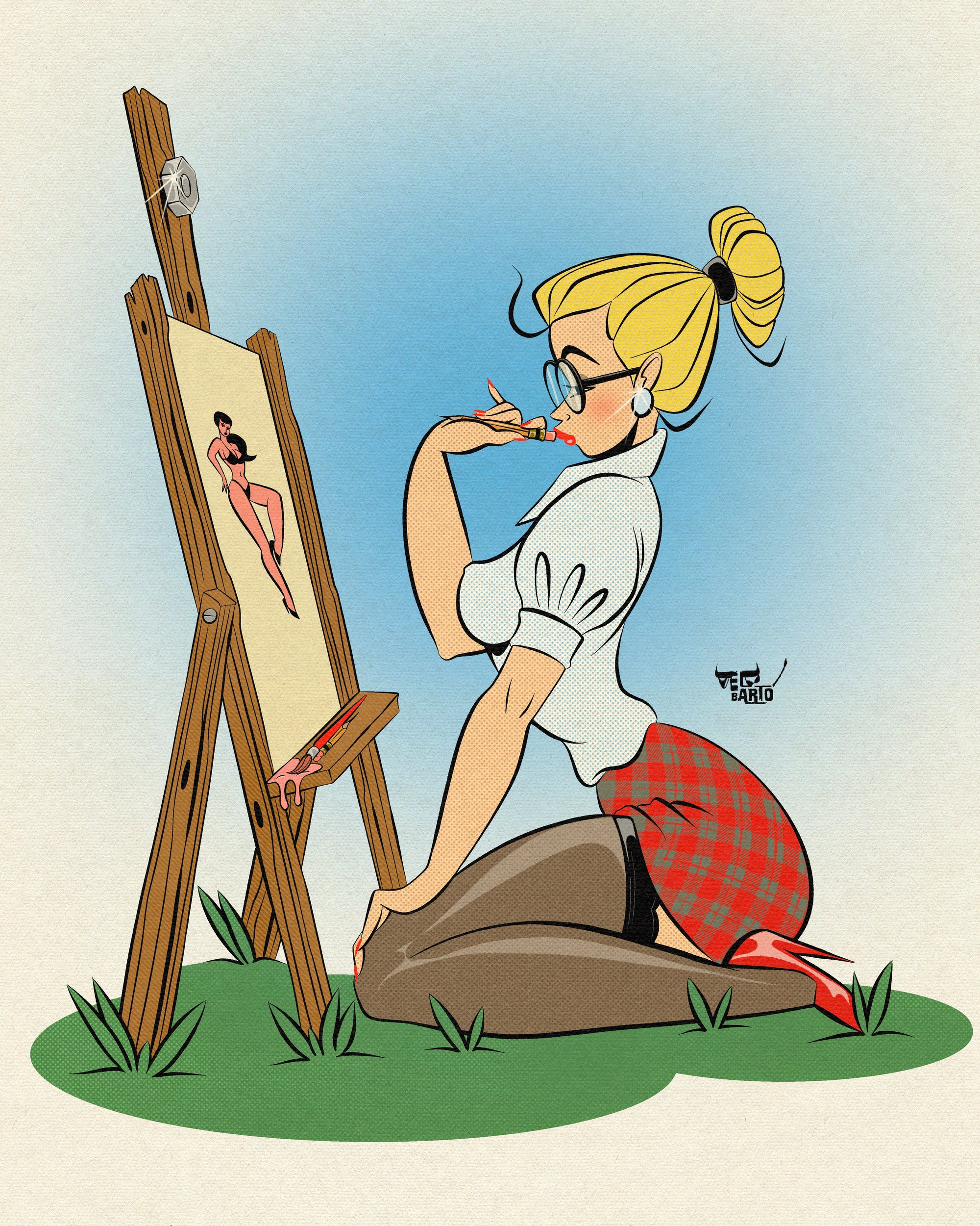 pinup artist print with woman painting a pinup on easel. 