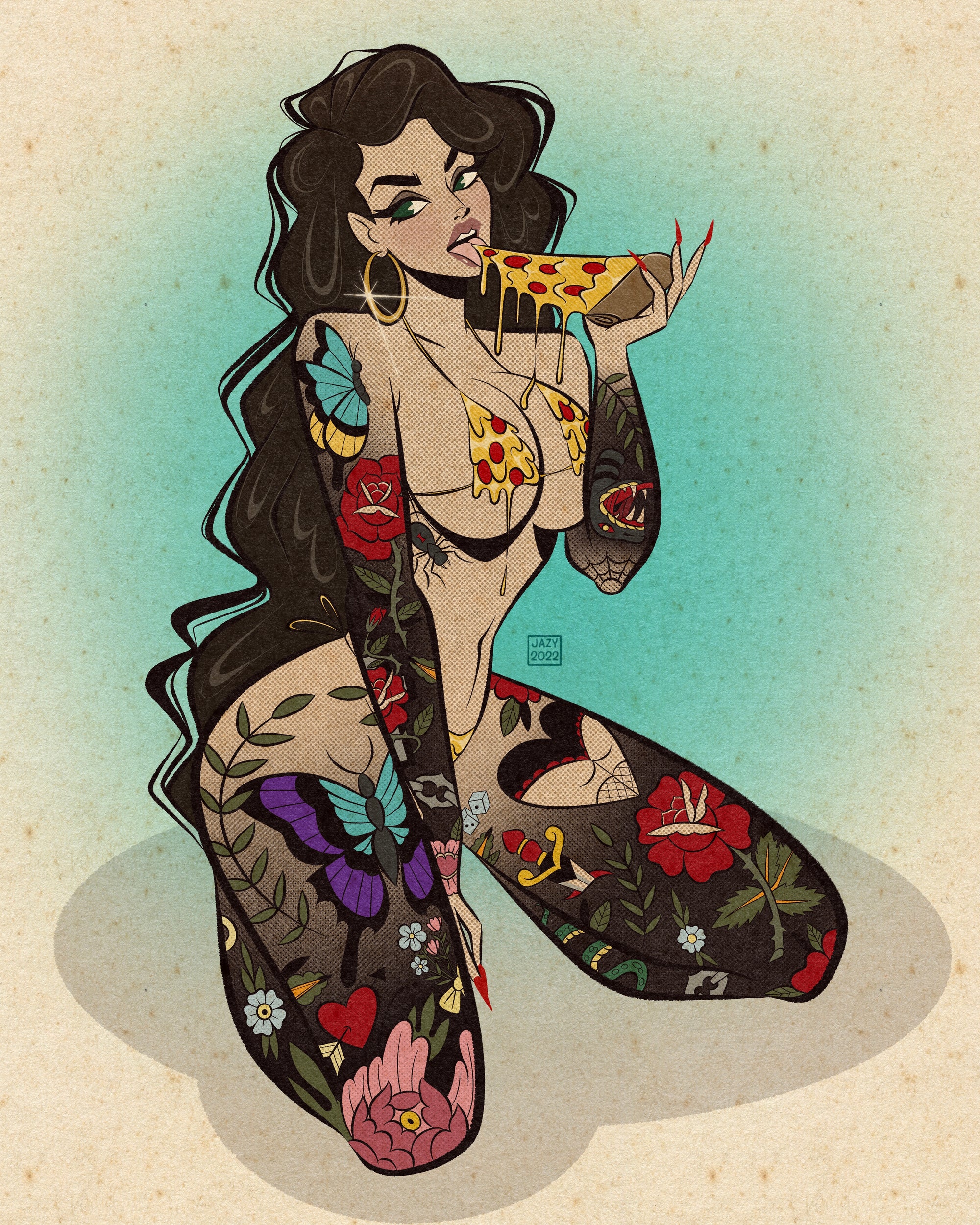 Pizza babe print of woman with tattoos eating pizza by bloodknotcollective.