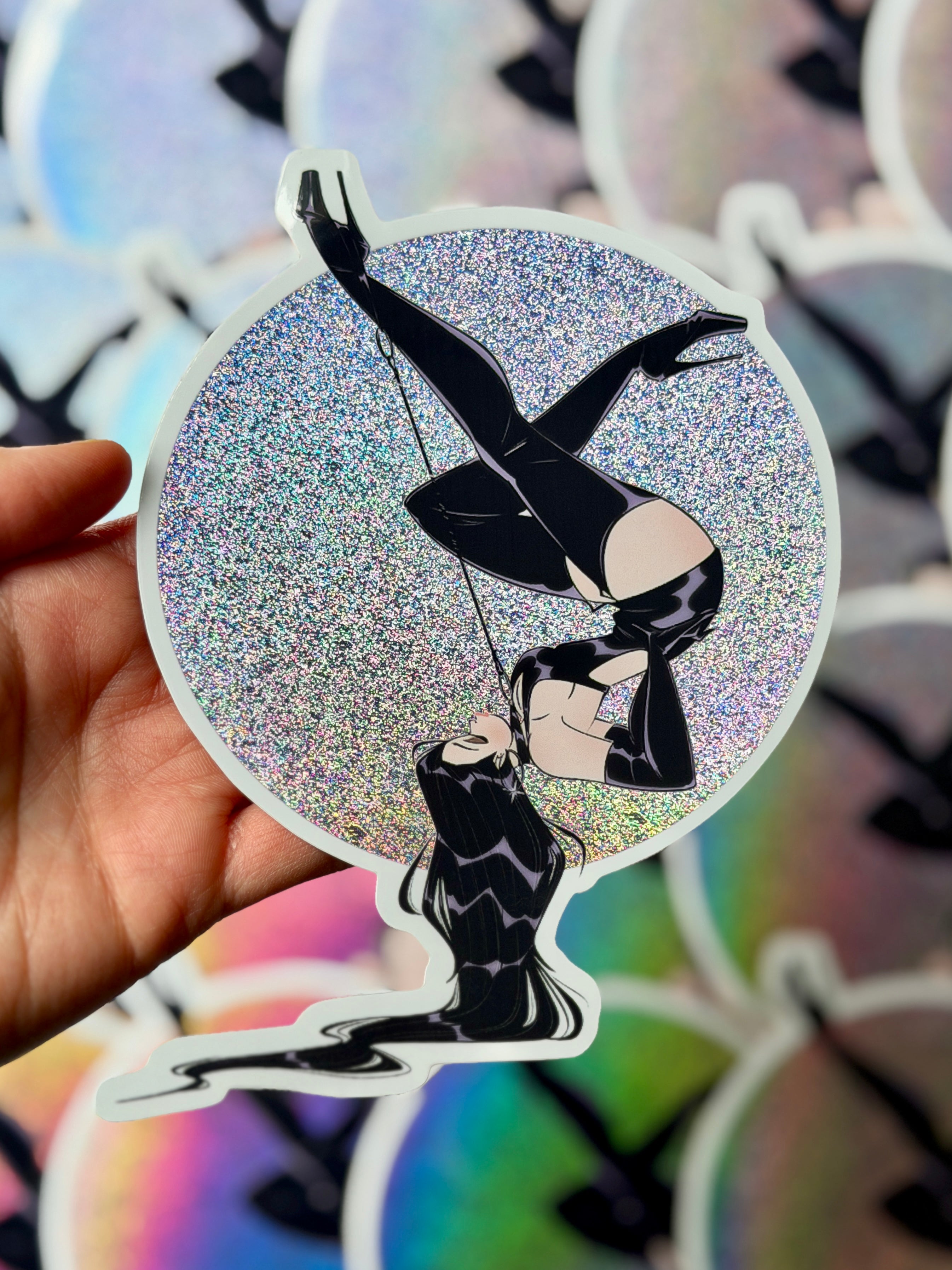pixie dust glitter die cut vinyl sticker of gothic woman upside in latex. 