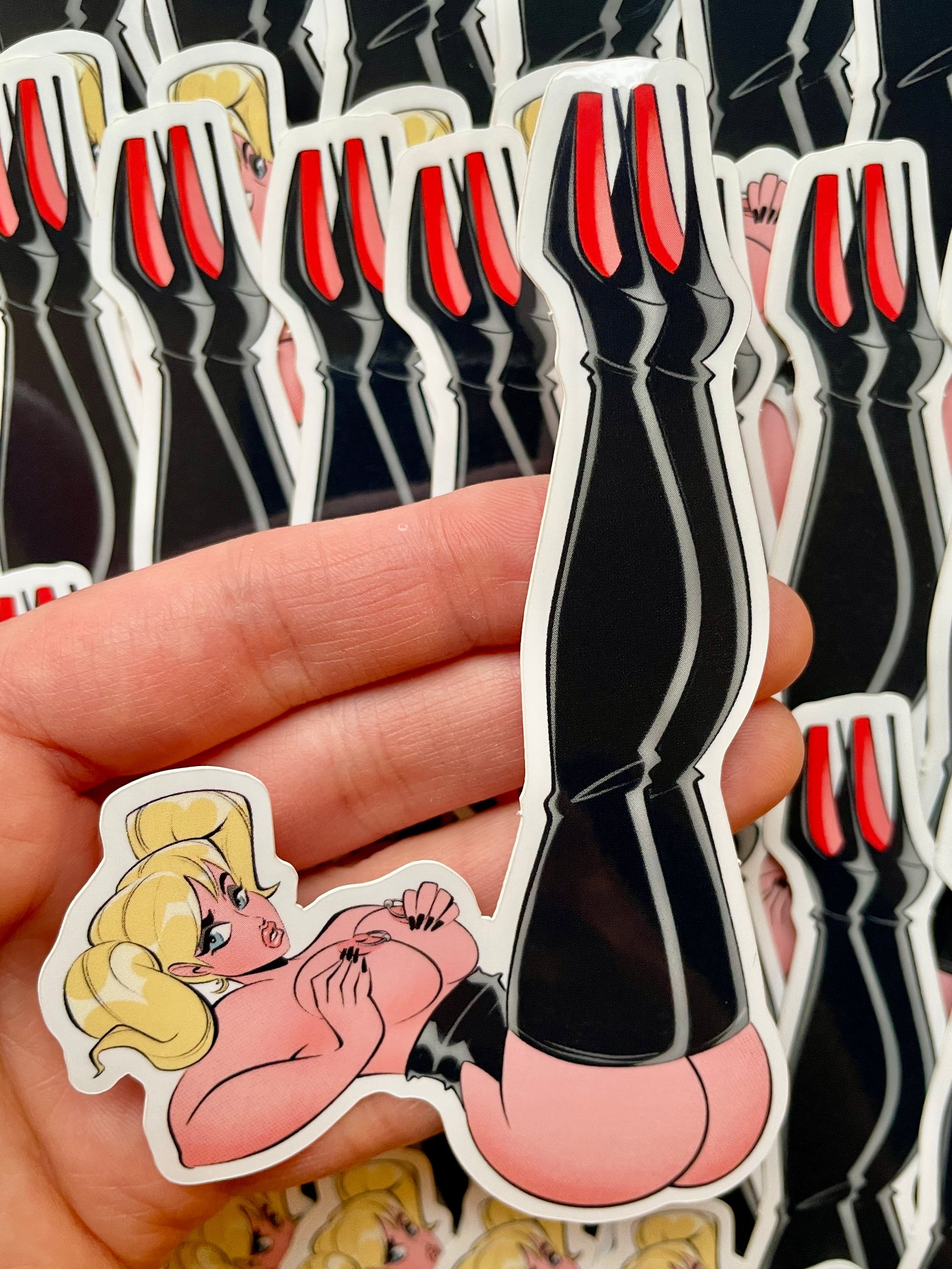 nude woman with pleaser shoes and nipple rings vinyl sticker by bloodknotcollective