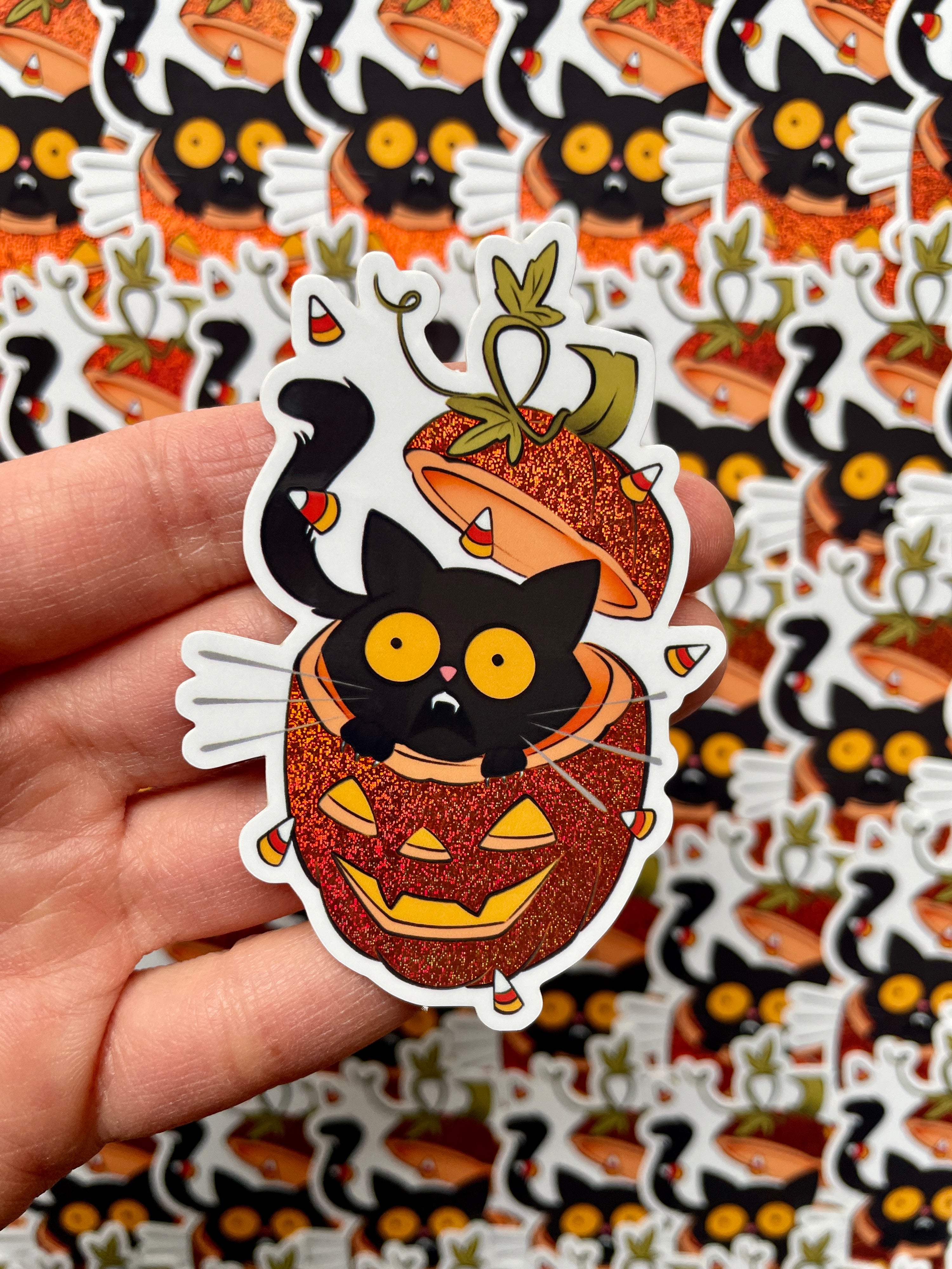 cat inside pumpkin glitter sticker by bloodknotcollective
