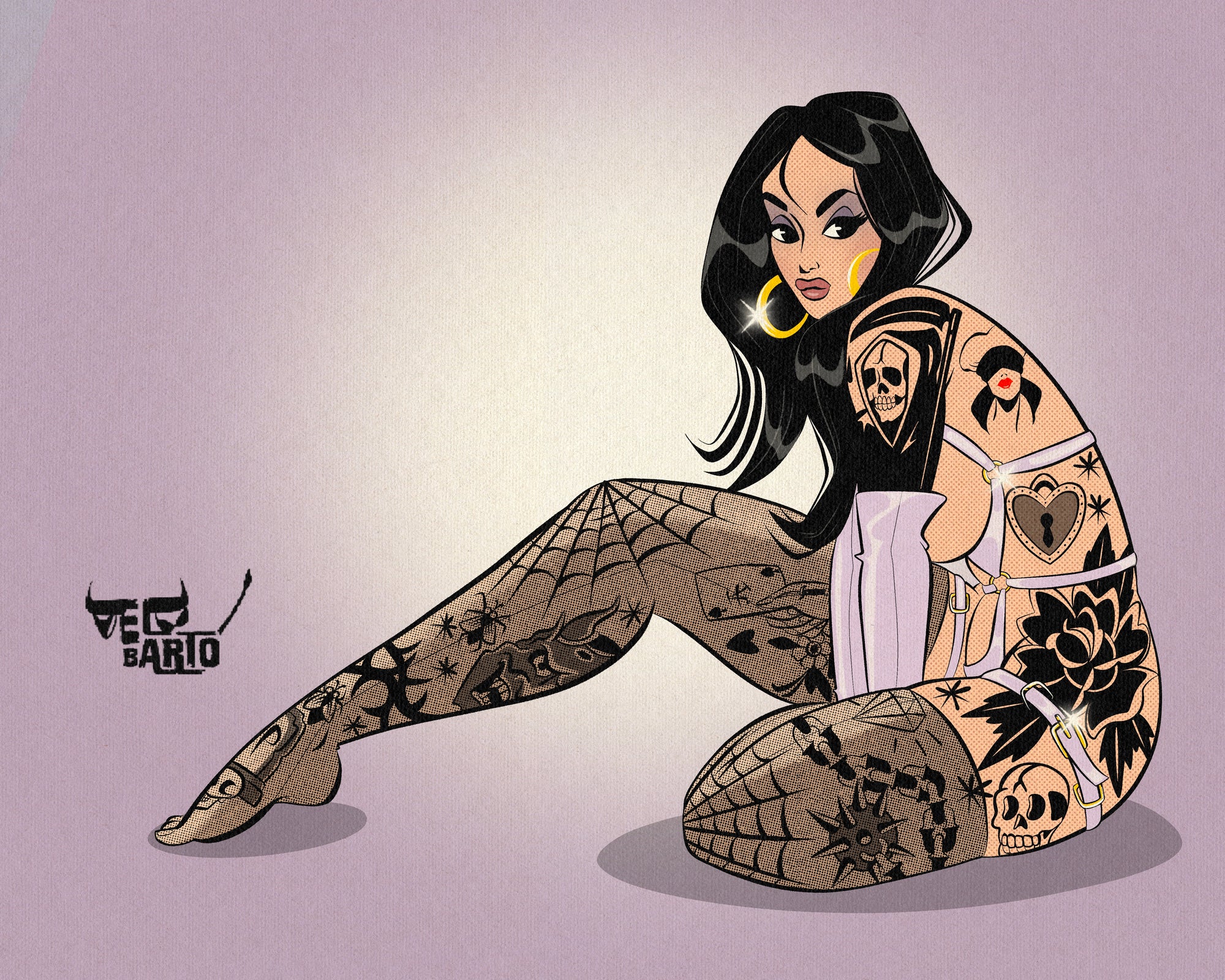 Purple pinup print of woman with tattoos by bloodknotcollective.
