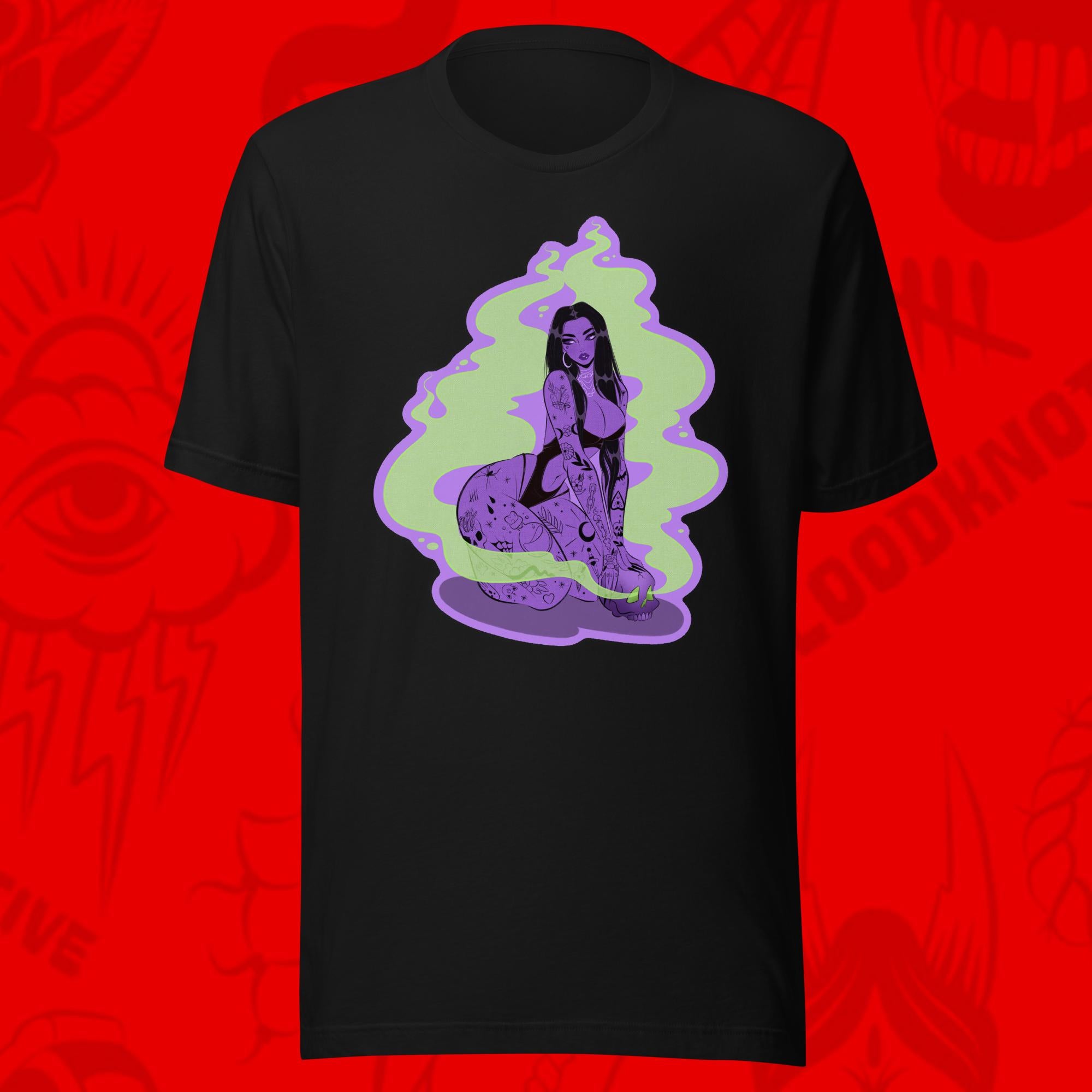 purple tattooed witch with green magic on black tee by bloodknotcollective