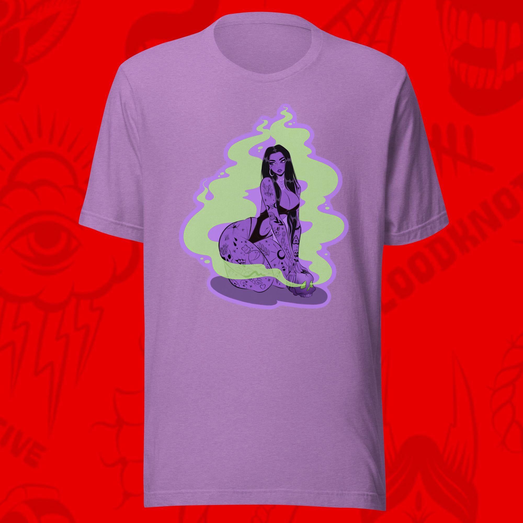 purple tattooed witch with green magic on purple tee by bloodknotcollective