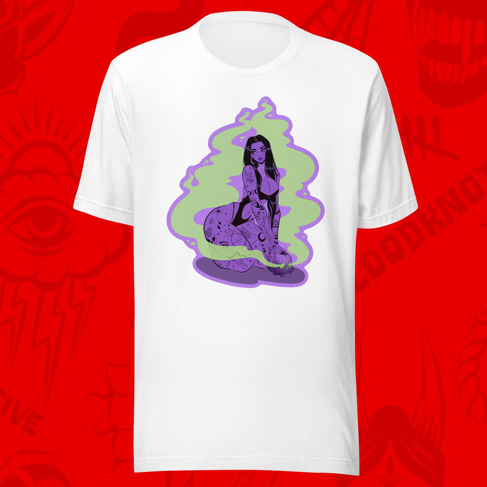 purple tattooed witch with green magic on white tee by bloodknotcollective
