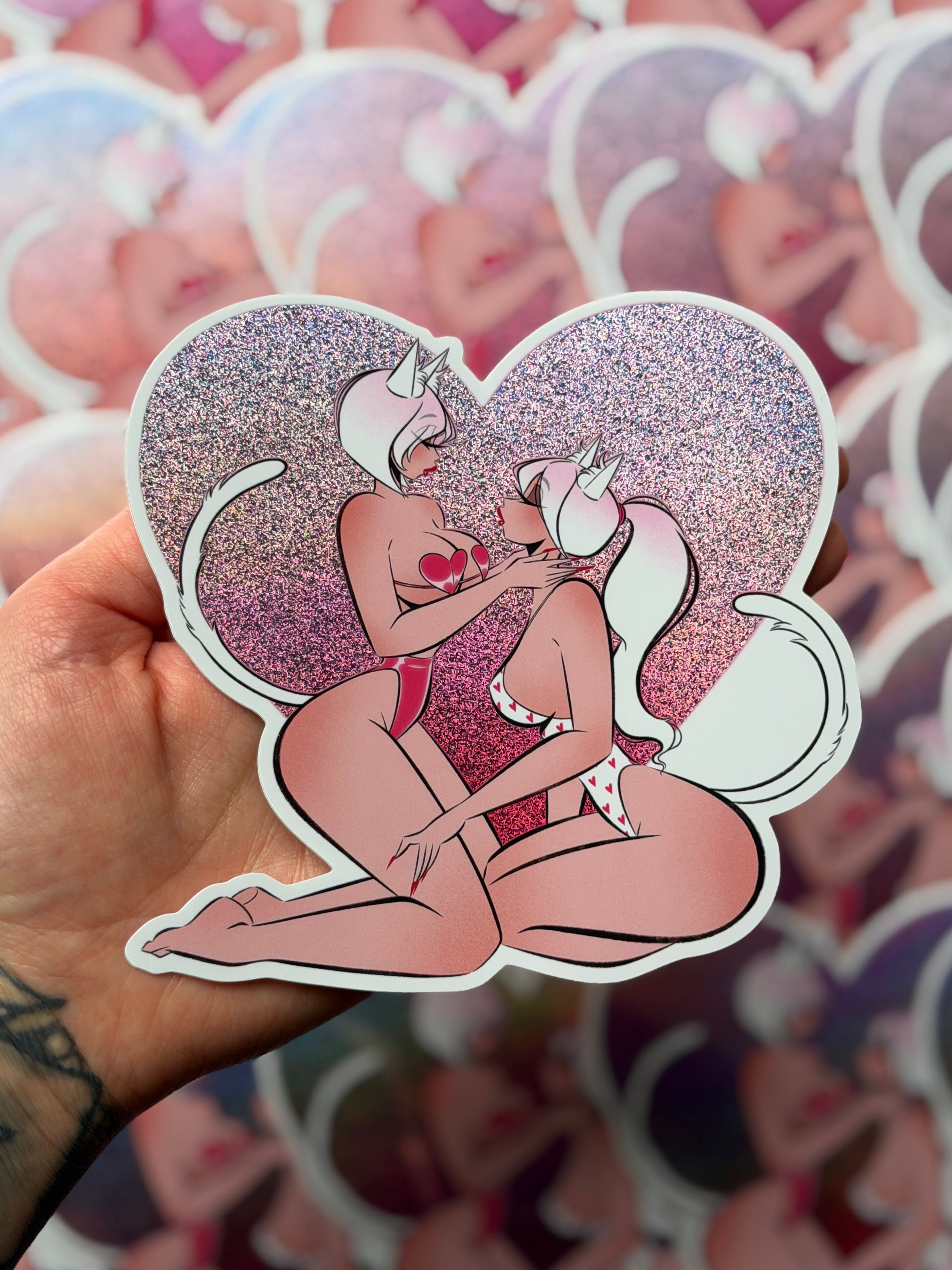 two cat girls on heart glitter sticker