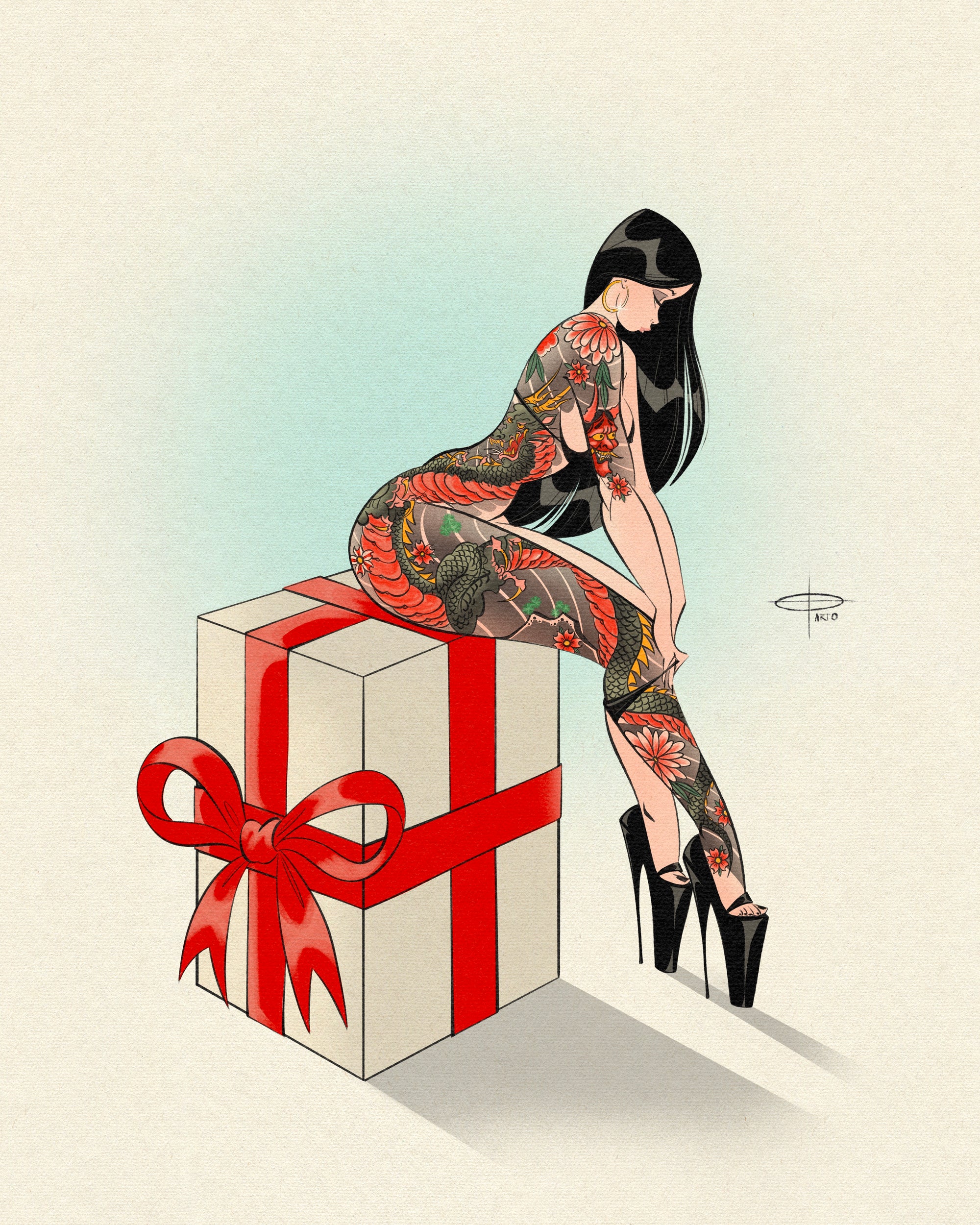 Red ribbon print of tattooed woman sitting on present by Bloodknotcollective