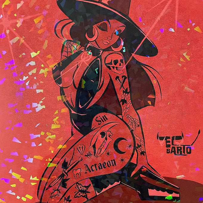 red witch with tattoos on holographic paper