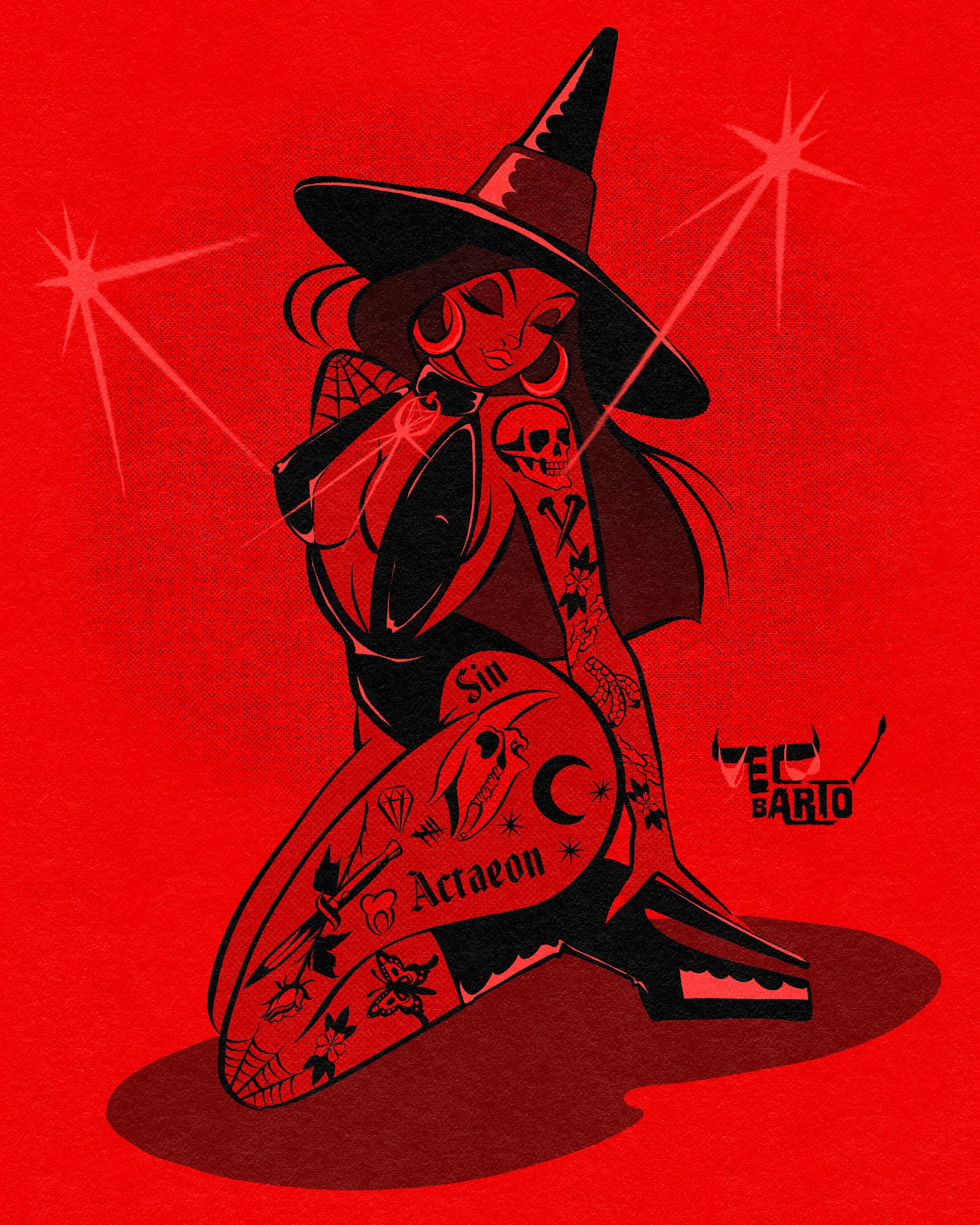 Red witch print with traditional tattoos