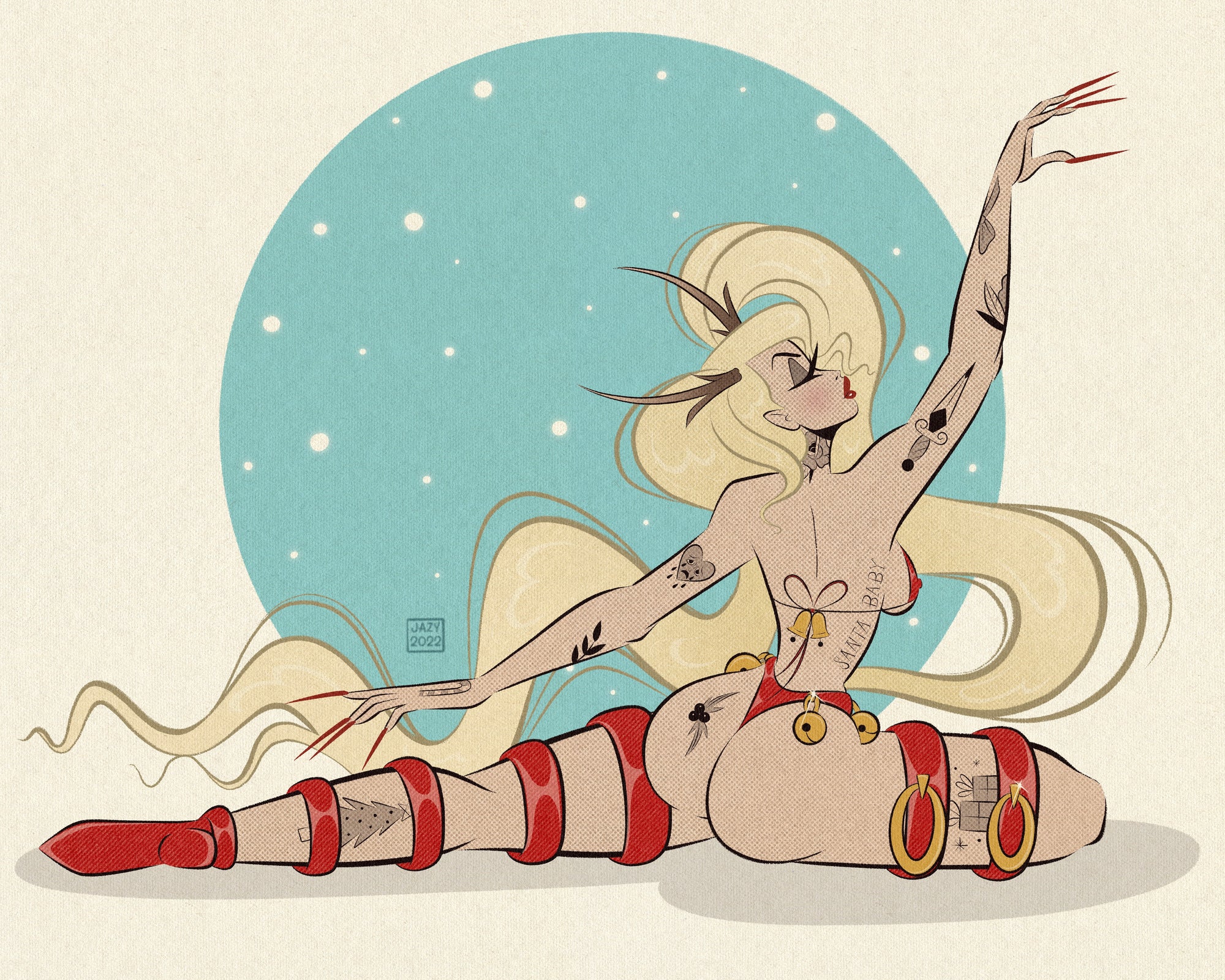 Rudolph pinup print with tattoos by bloodknotcollective