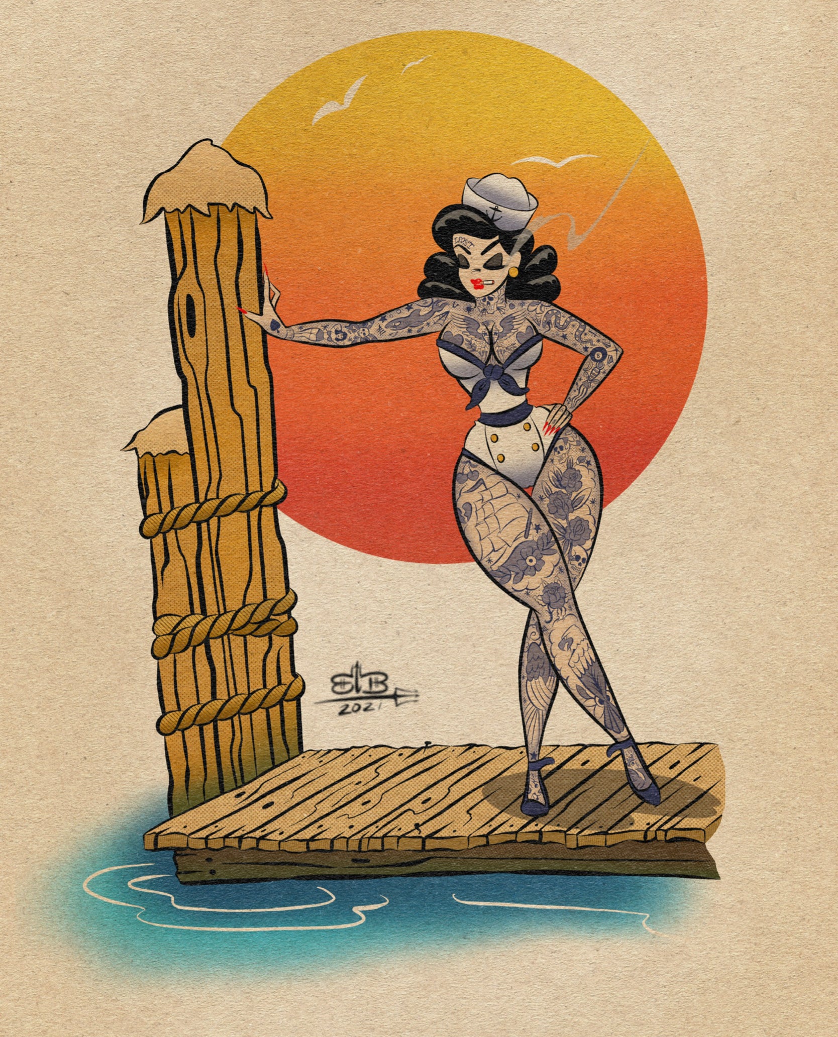 Sailor with traditional tattoos print. 
