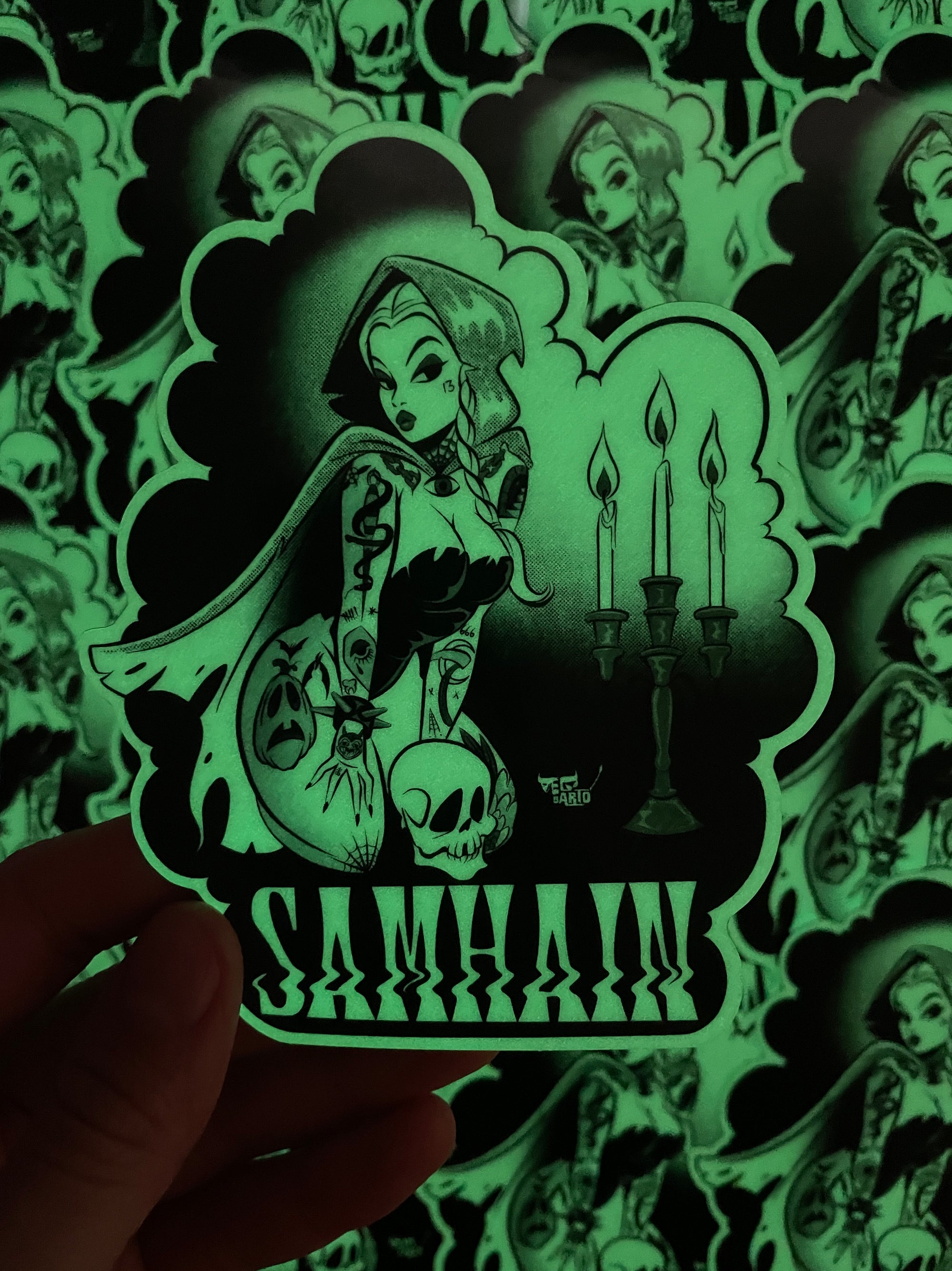 glow in the dark samhain vinyl sticker of tattooed witch and candles by bloodknotcollective