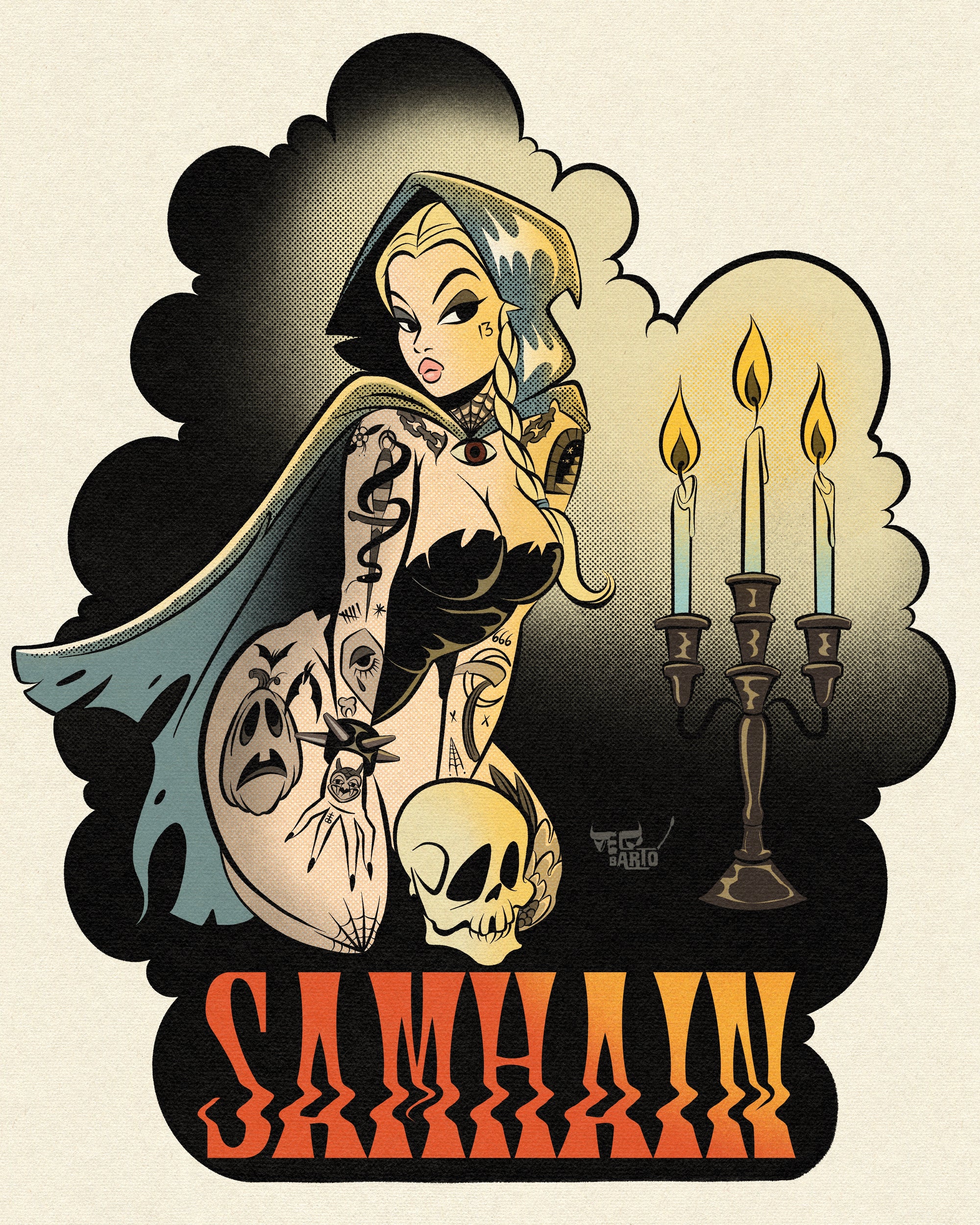 samhain print of pinup sitting by candle with cape and skull