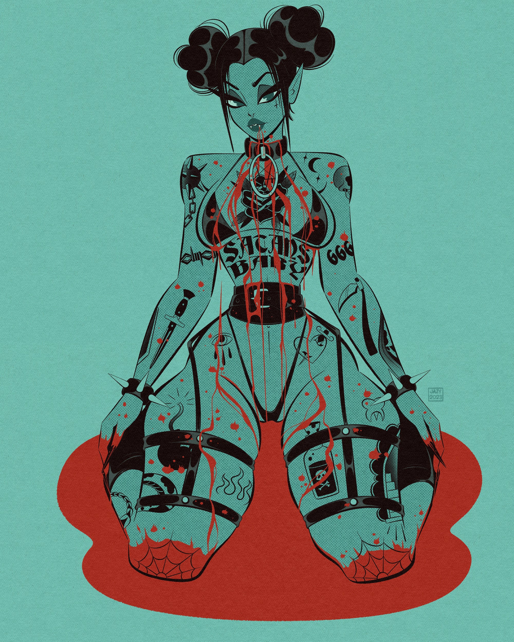 Satan's Baby print of female vampire with tattoos and blood by Bloodknotcollective