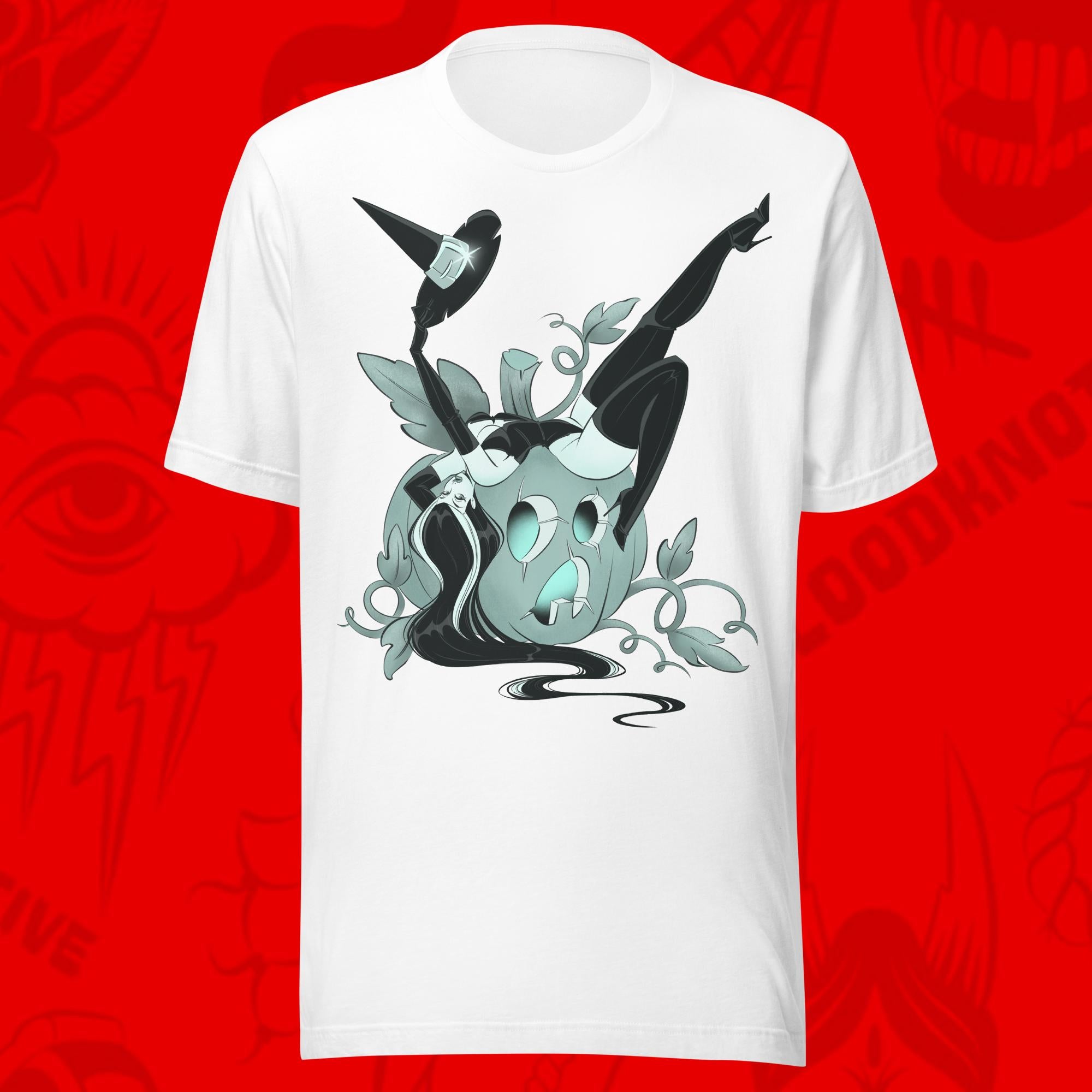 white t shirt of woman leaning over pumpkin tee by bloodknotcollective