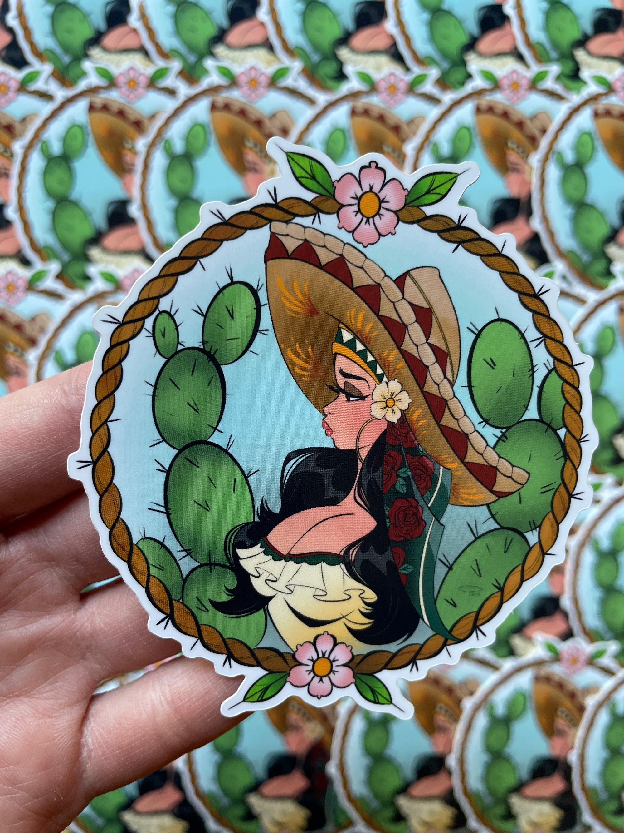 senorita portrait with cactuses vinyl sticker by bloodknotcollective