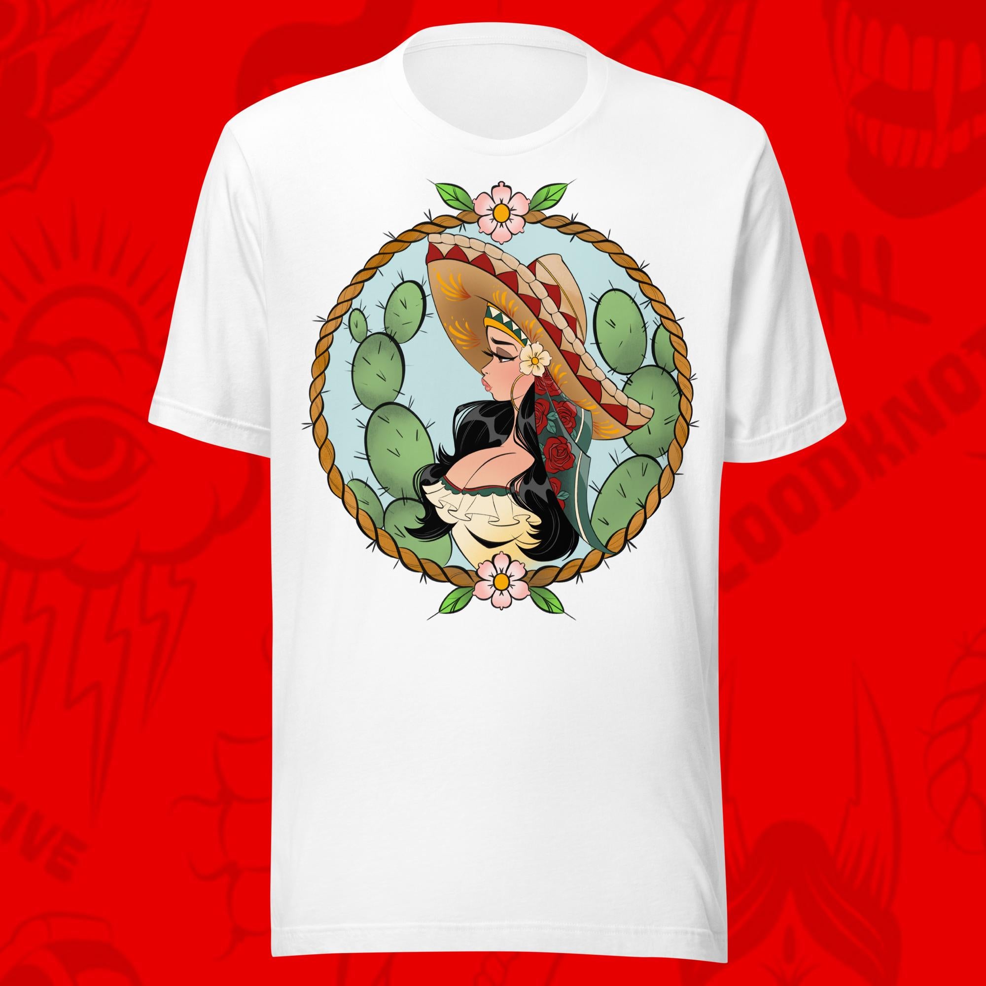 white t shirt of traditional senorita design with cactus and sombrero by bloodknotcollective