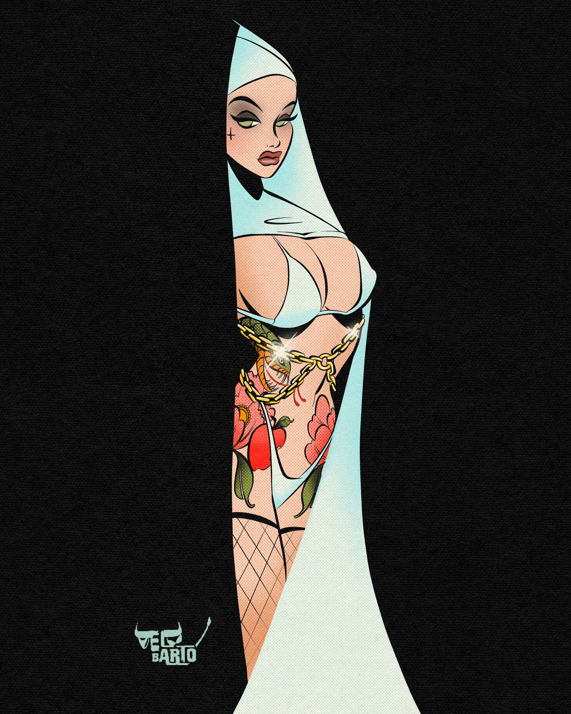 Sinner print with satanic nun with tattoos by bloodknotcollective.