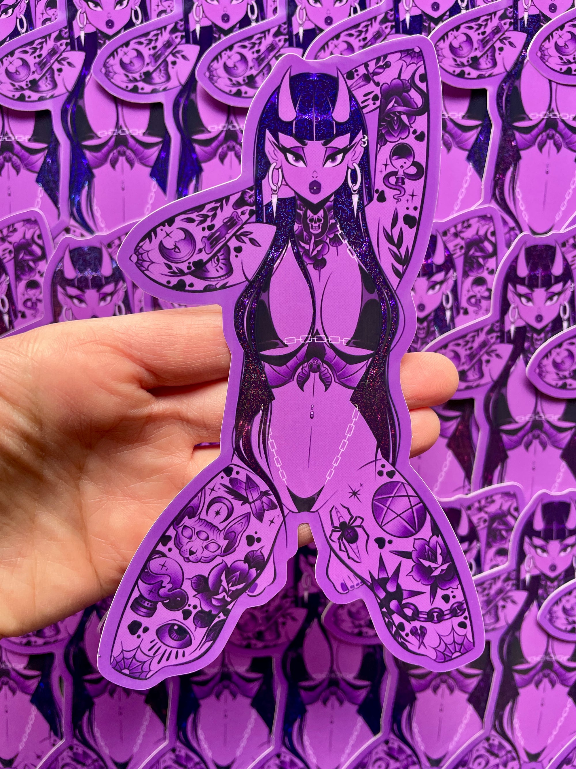 tattooed purple devil pixie dust glitter vinyl sticker by bloodknotcollective