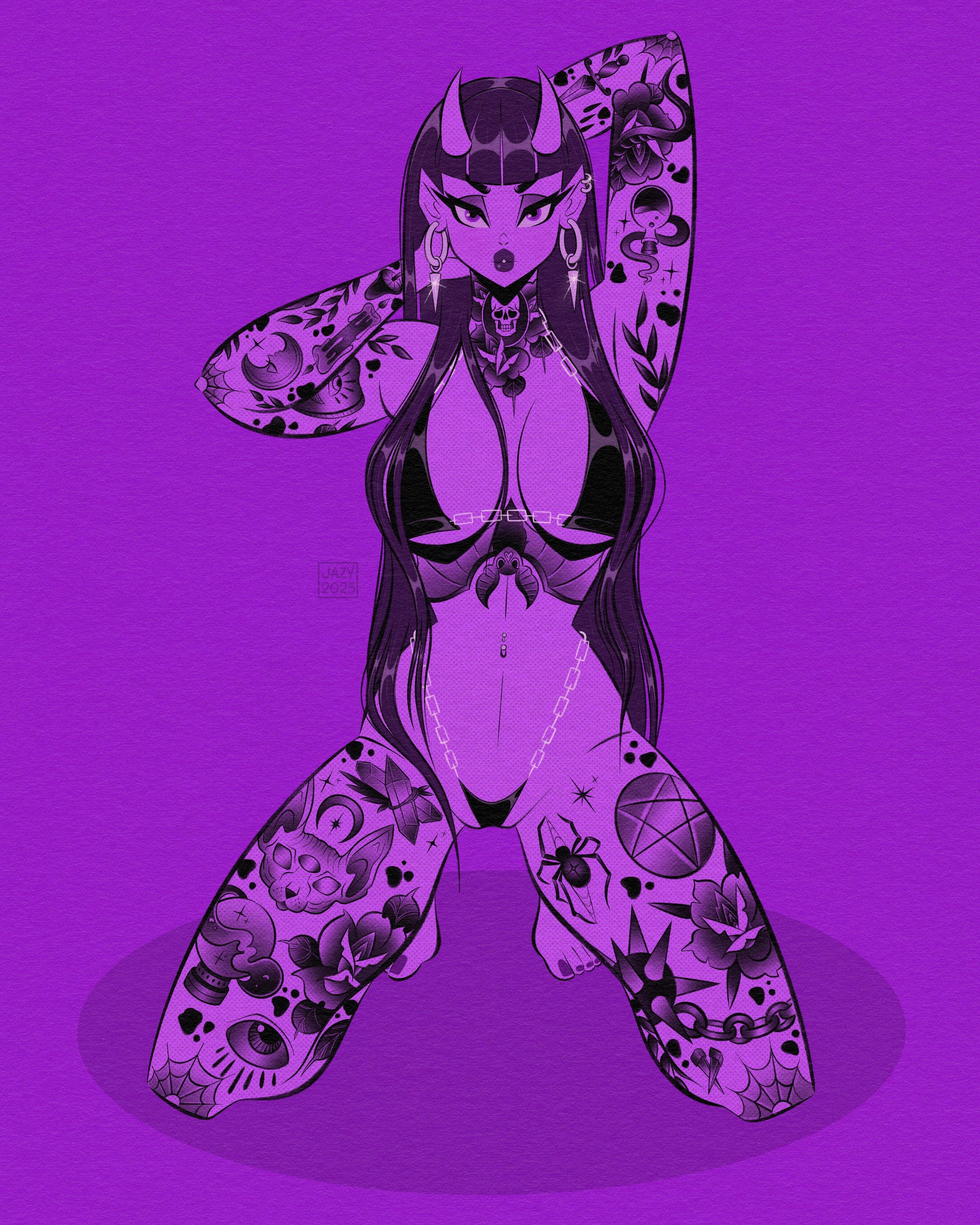 purple tattooed devil pinup in bikini by bloodknotcollective