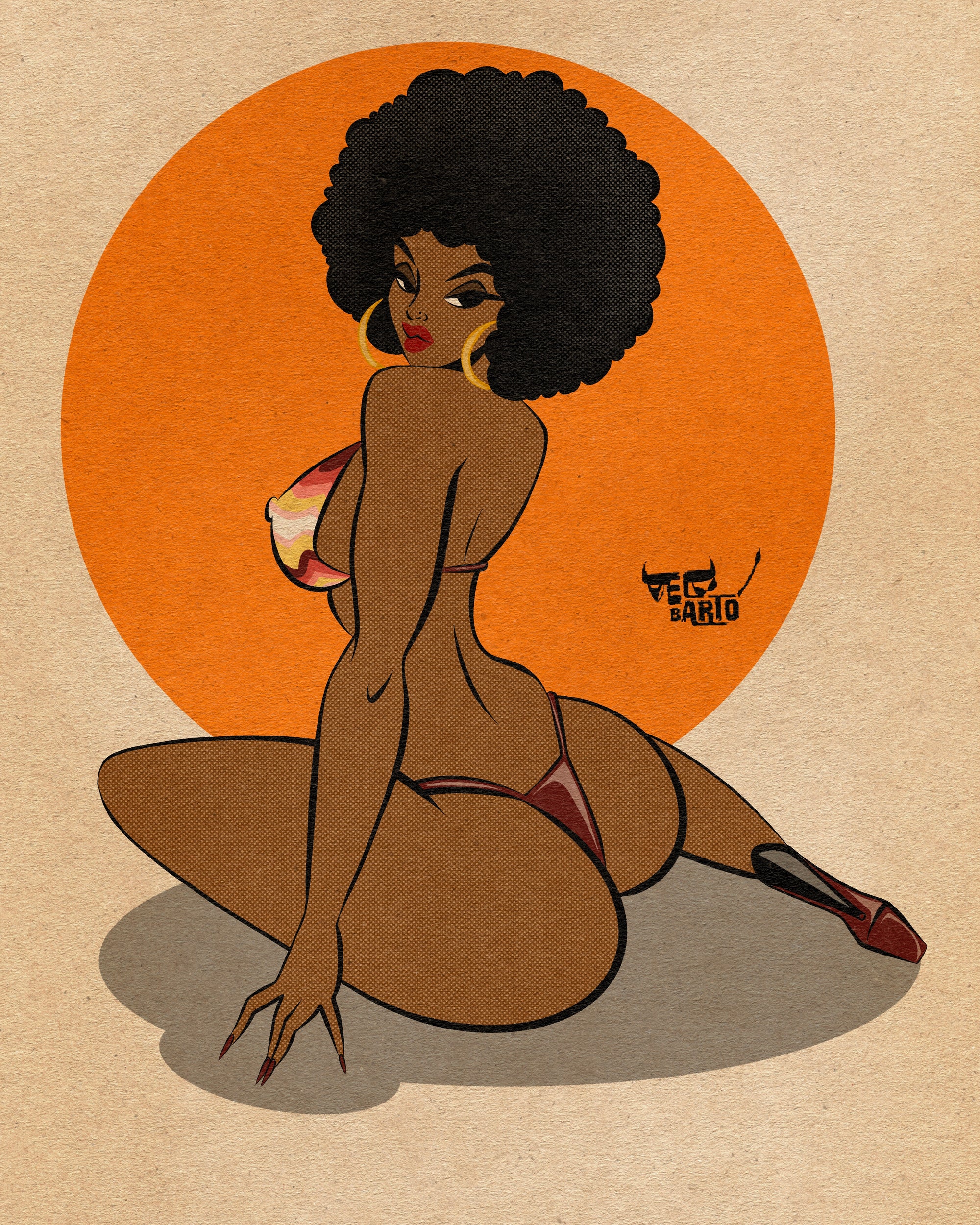 stormi pinup print with black woman with afro in bikini.