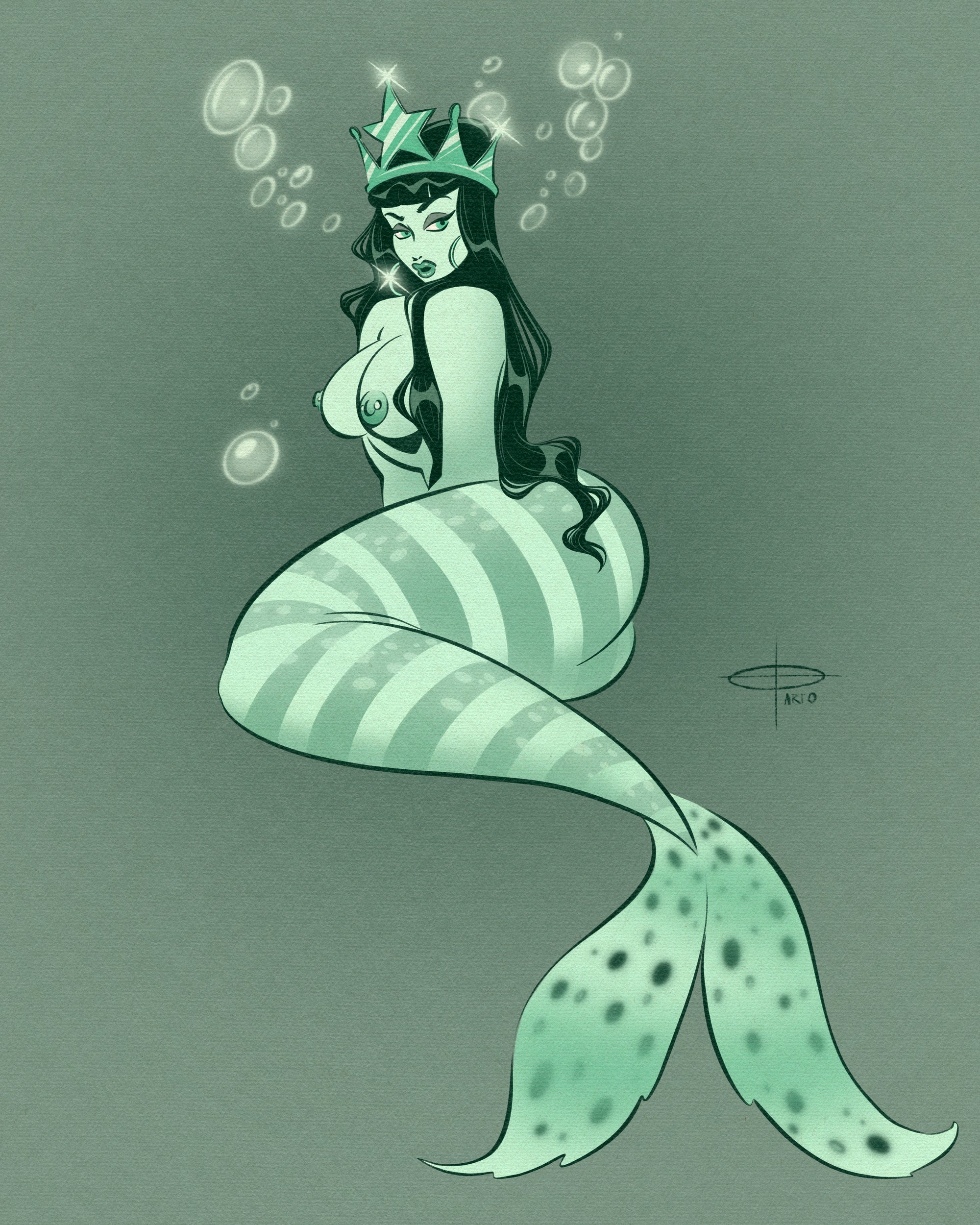 striped mermaid print of nude mermaid by bloodknotcollective
