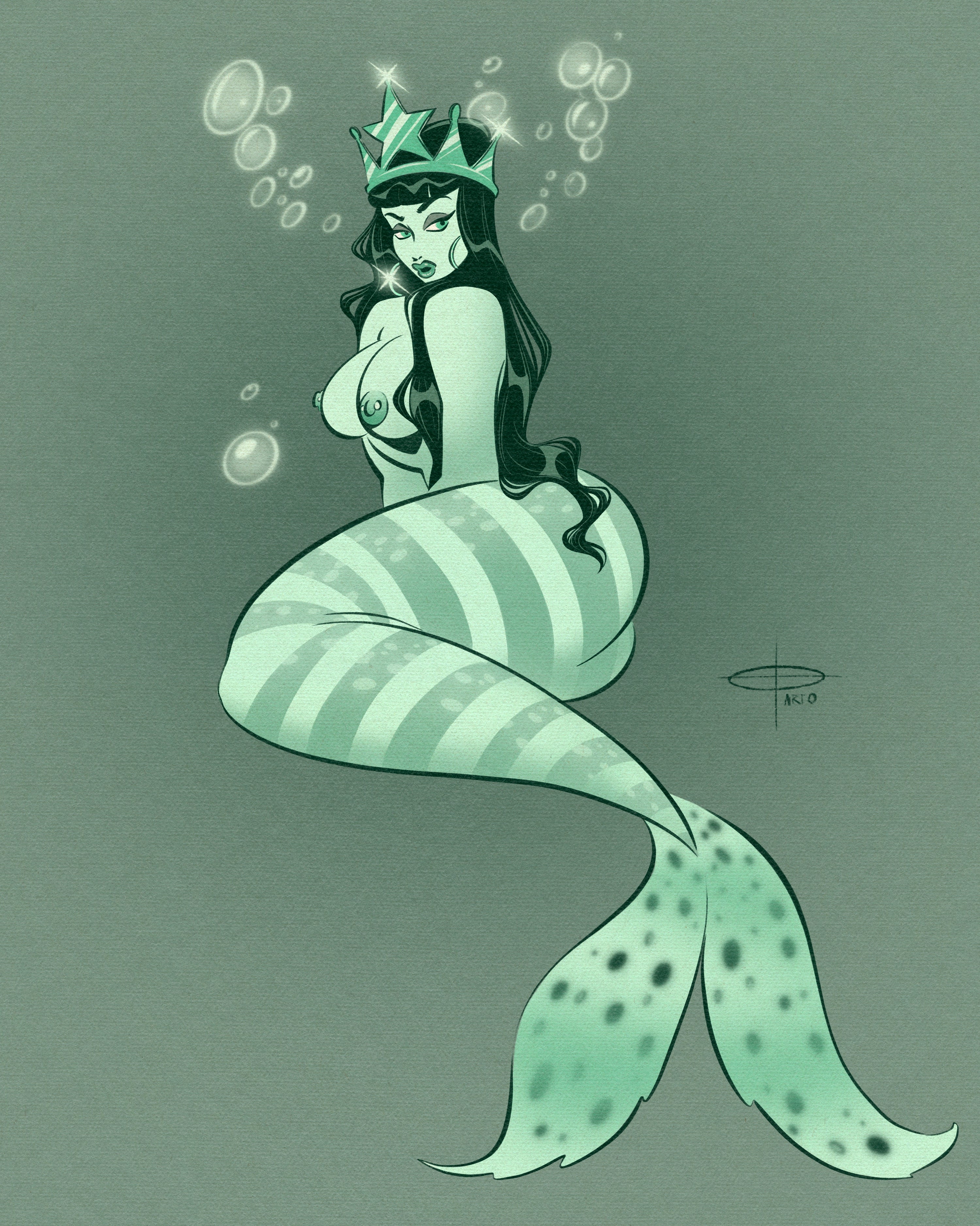 striped mermaid print of nude mermaid by bloodknotcollective