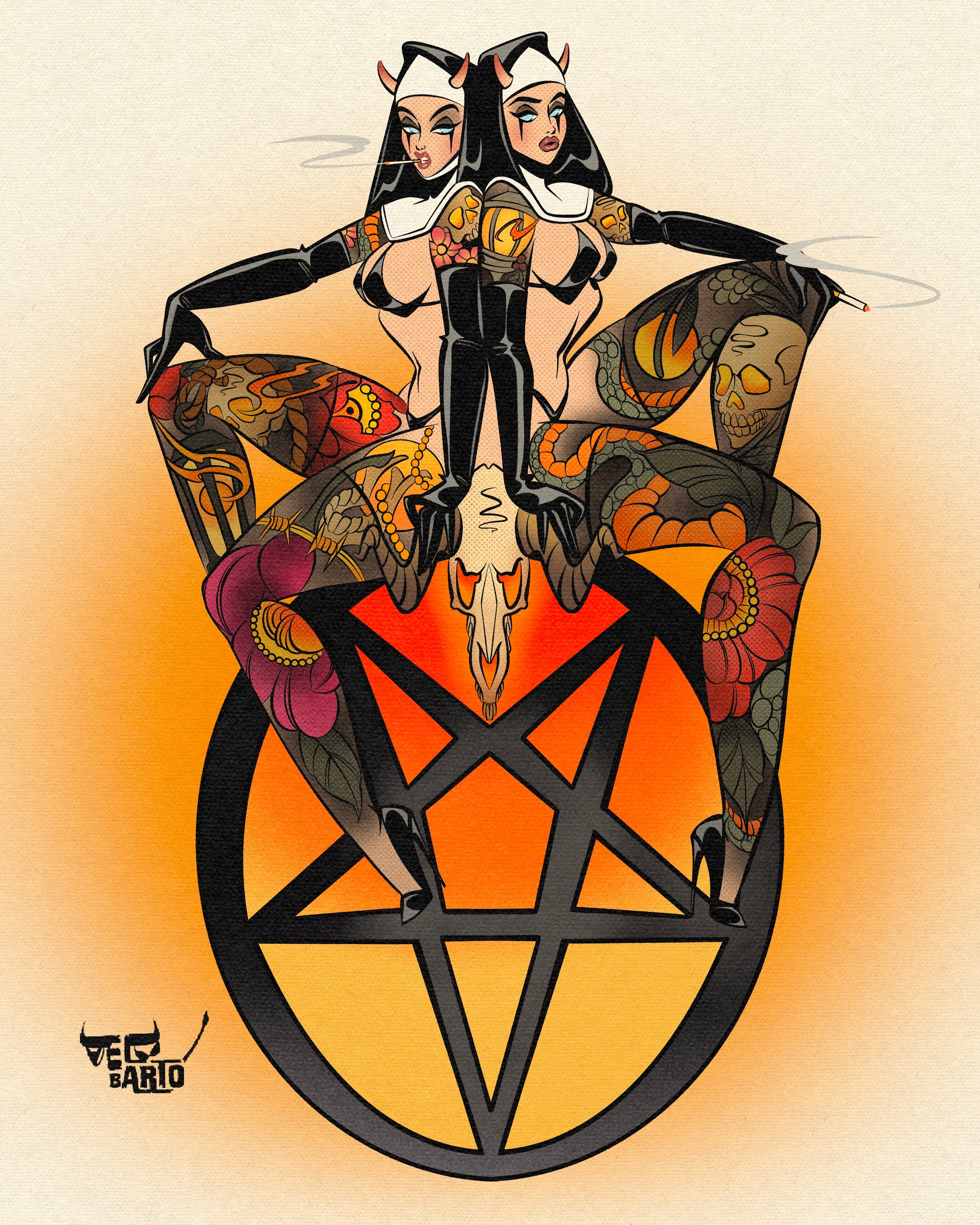 Sweet 666 print of two satanic nuns with tattoos by bloodknotcollective.