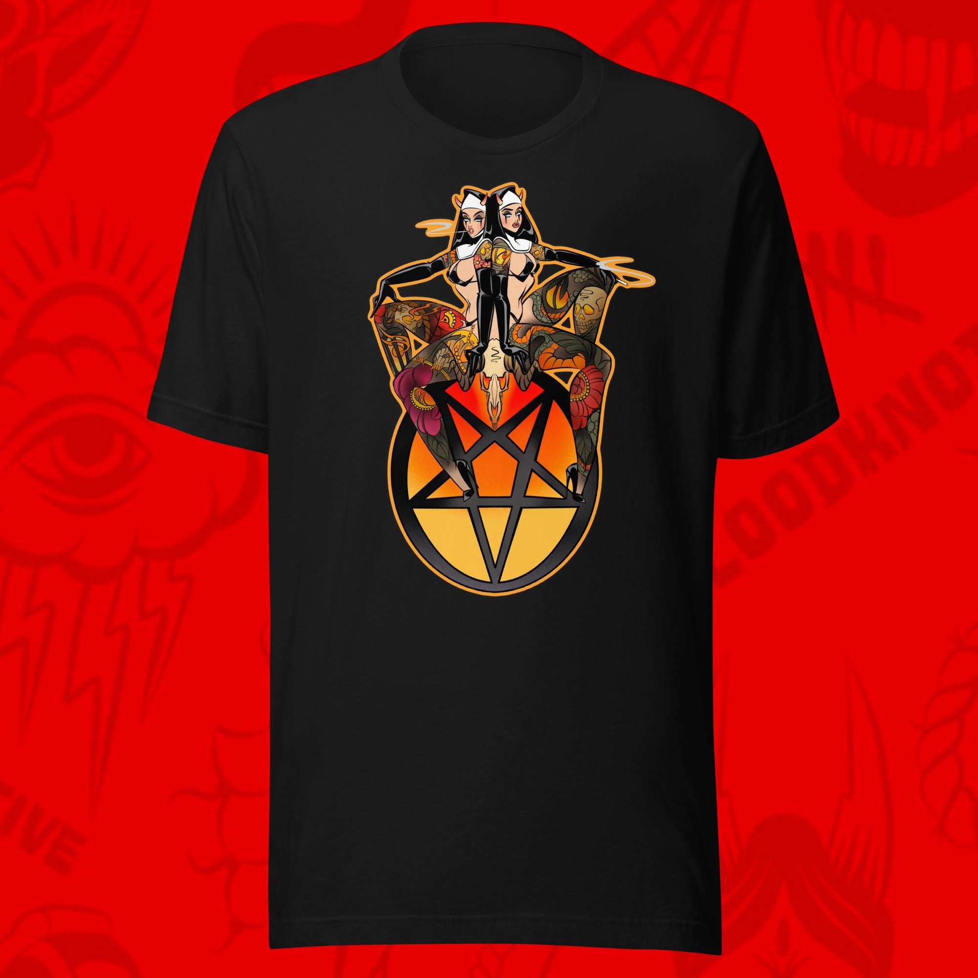 sweet 666 of two tattooed devil women on pentagram on black tee by bloodknotcollective