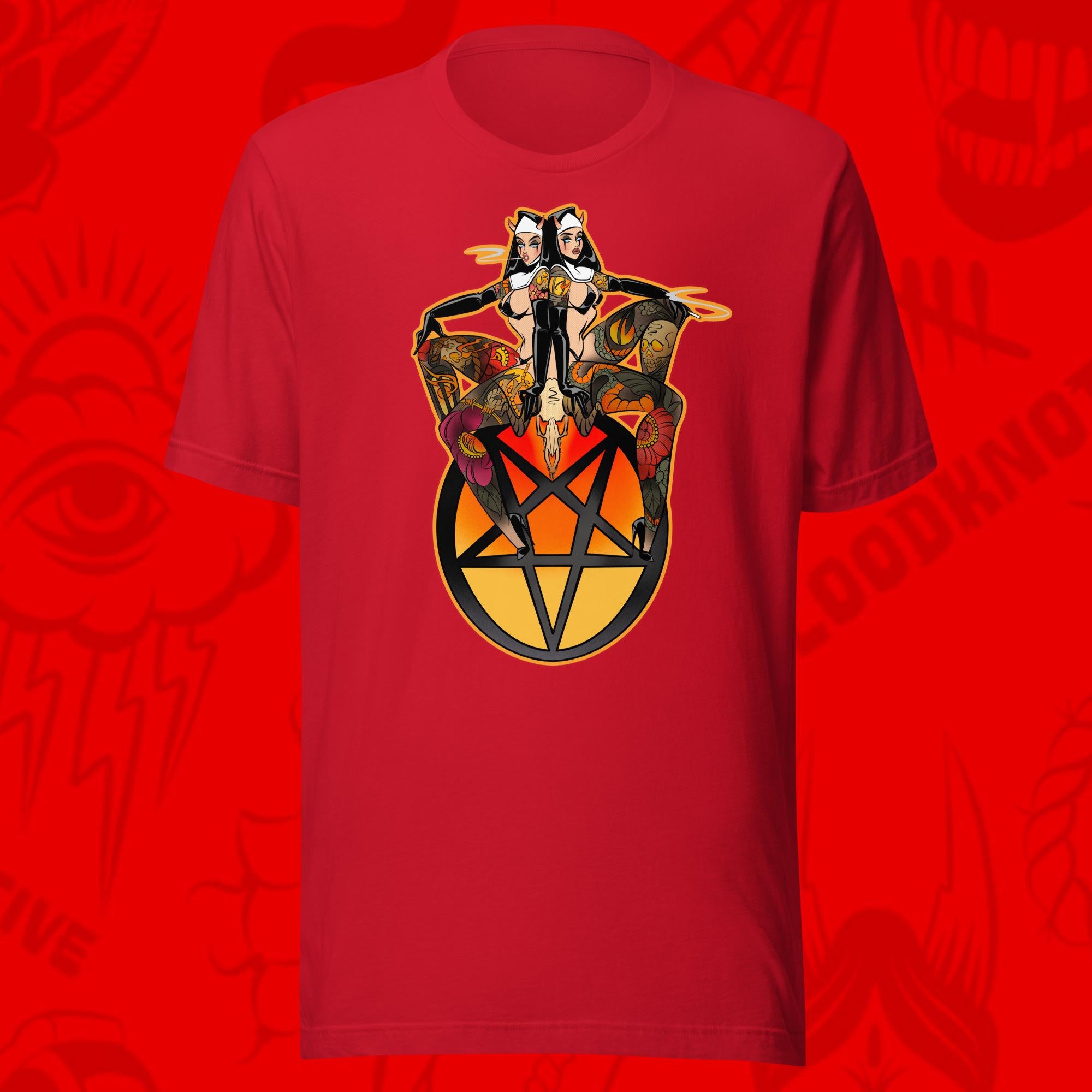 sweet 666 of two tattooed devil women on pentagram on red tee by bloodknotcollective