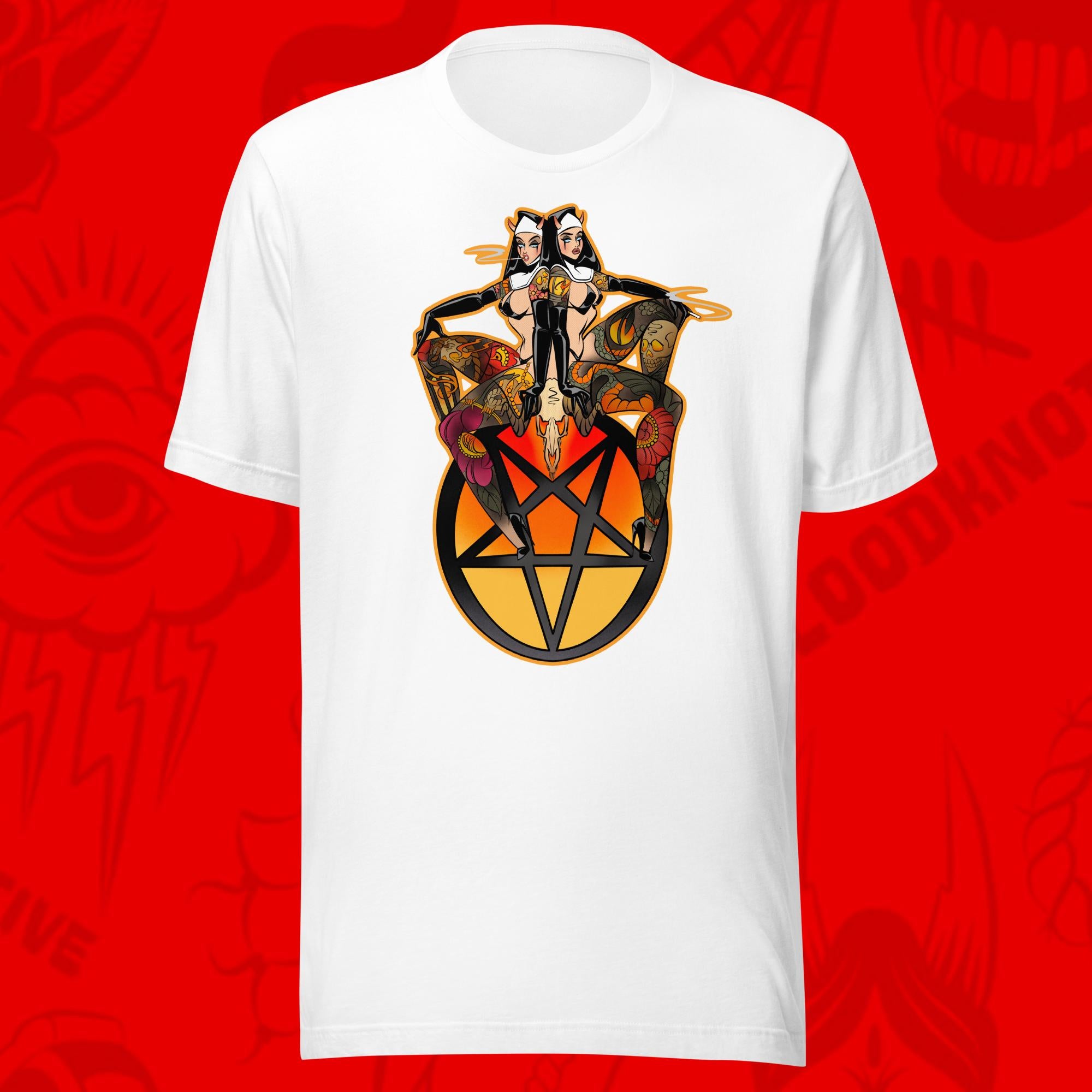 sweet 666 of two tattooed devil women on pentagram on white tee by bloodknotcollective