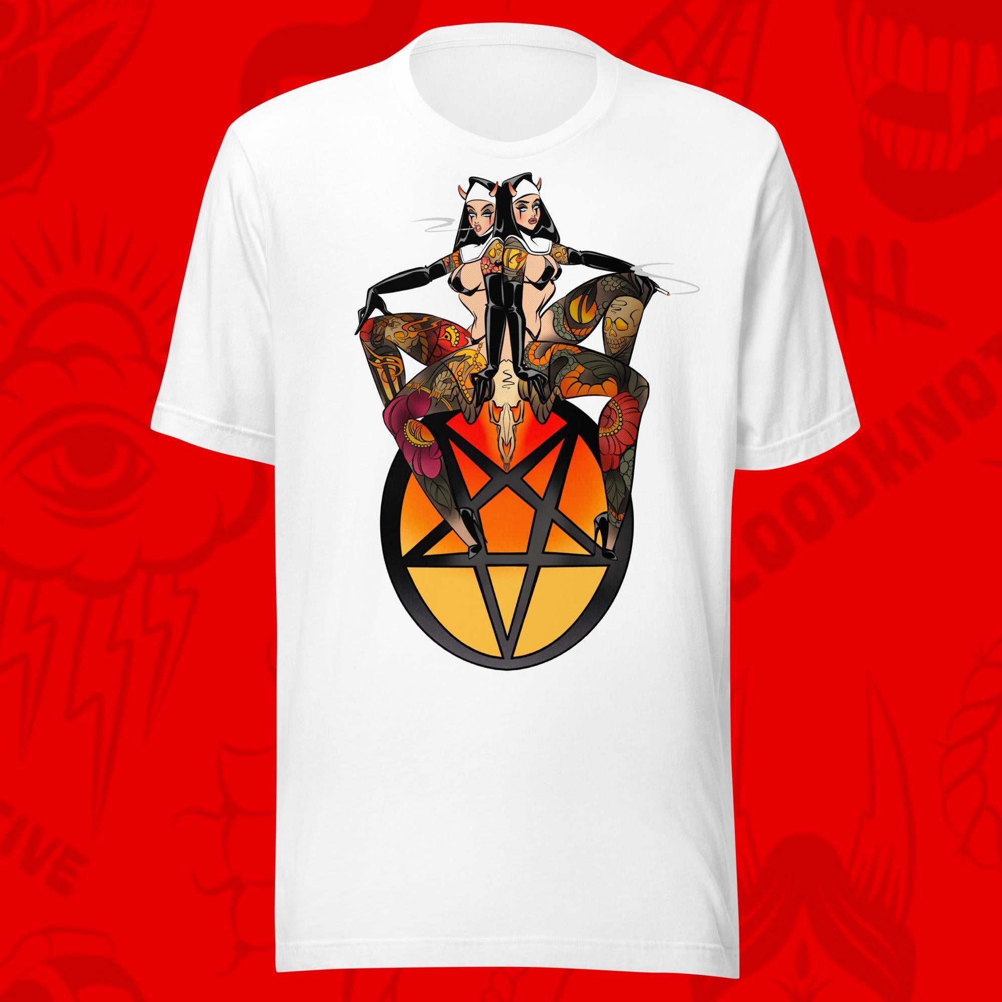 white t shirt with two satanic tattooed nuns and pentagram by bloodknotcollective