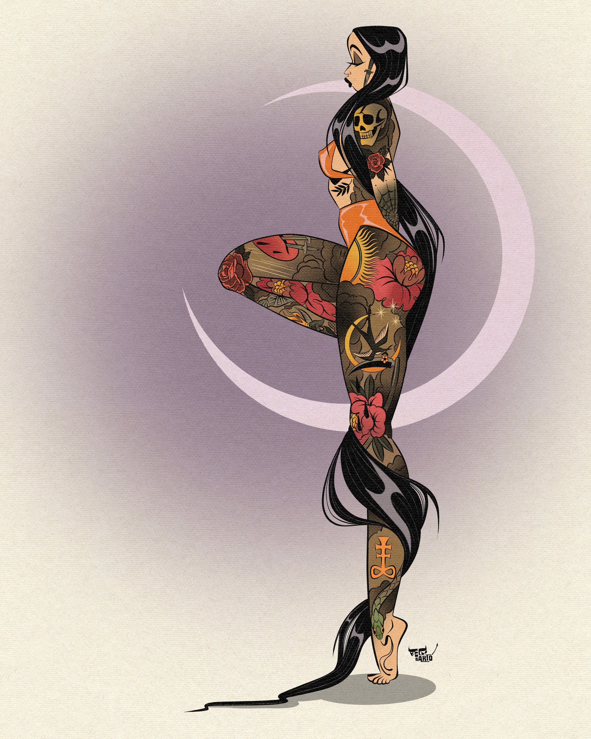 The maiden print of woman with neotraditional tattoos standing by moon.