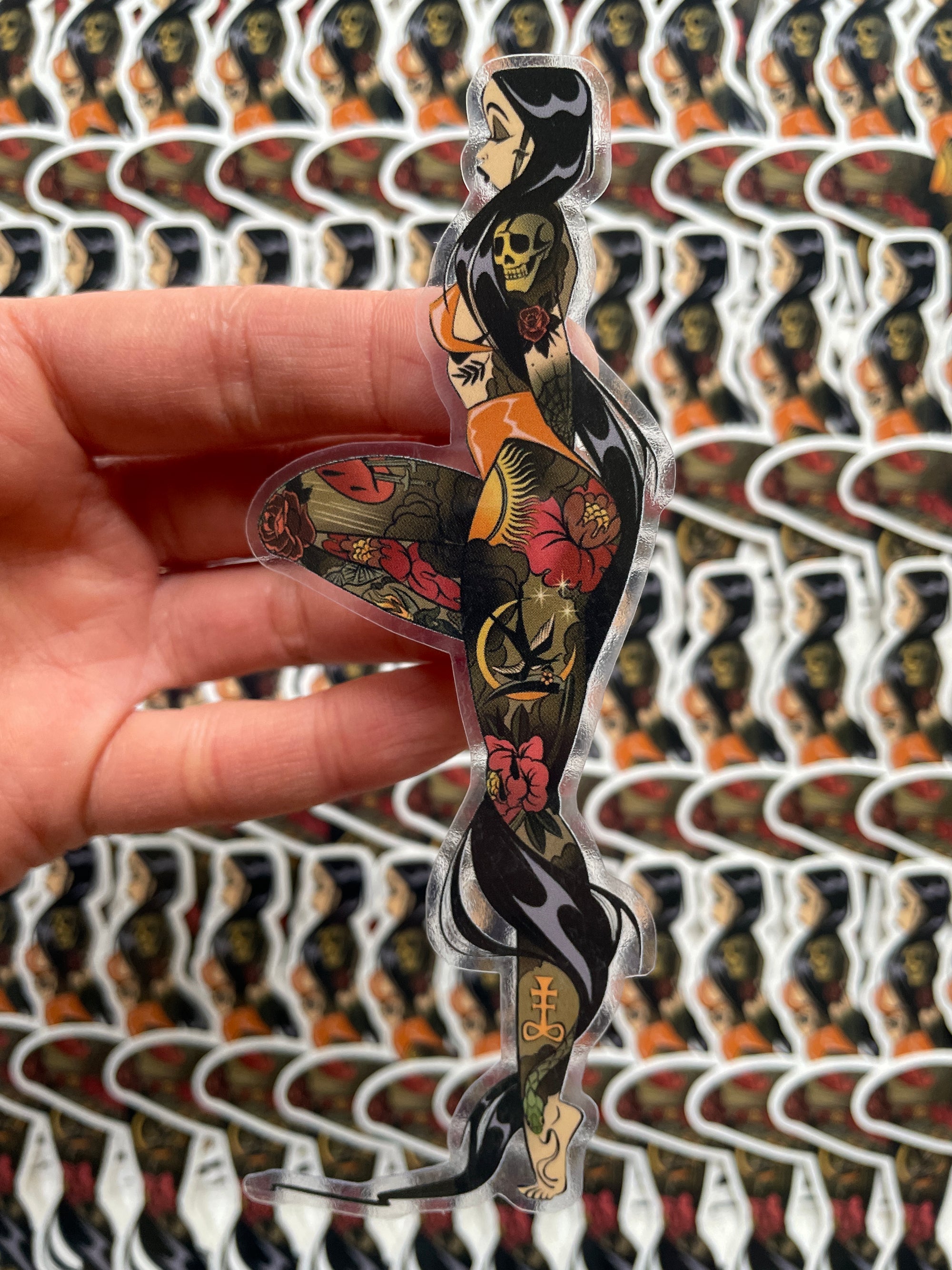 the maiden clear vinyl sticker of tattooed witch by bloodknotcollective