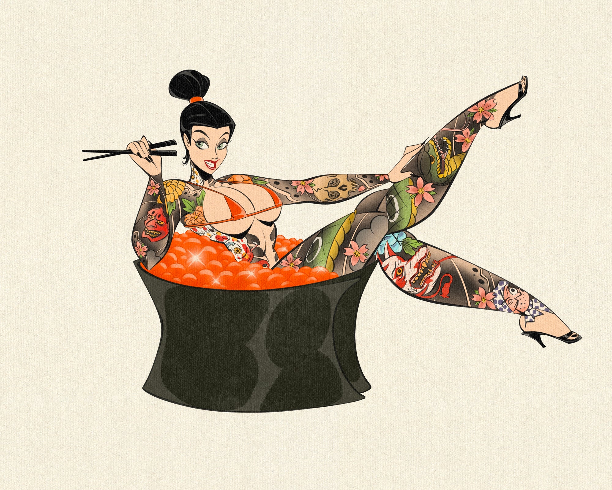 Tobiko print of tattooed woman sushi by Bloodknotcollective