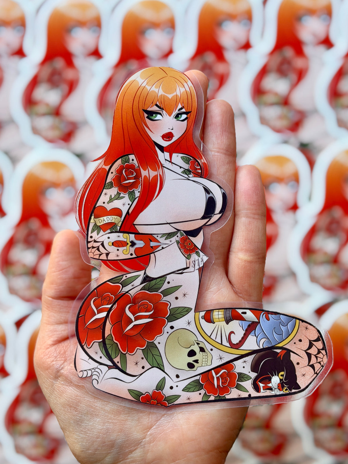 red head pinup with traditional tattoos in bikini clear vinyl jumbo sticker