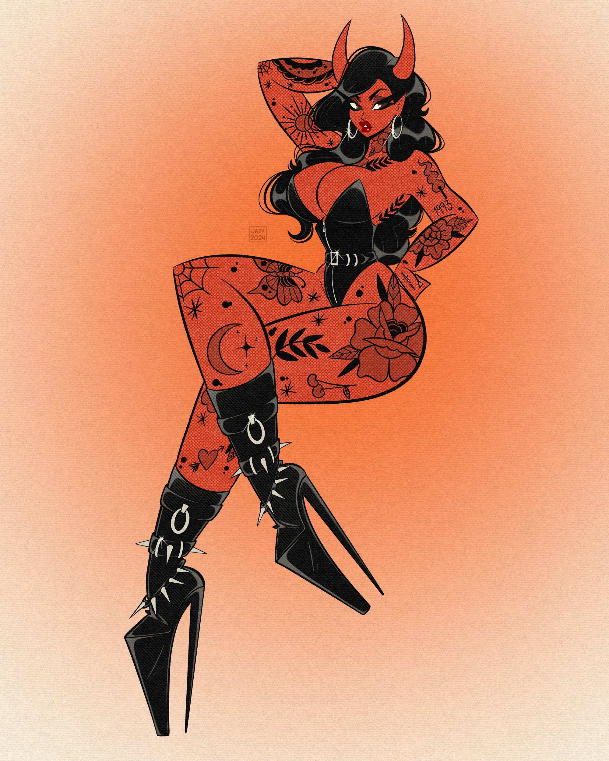 Traditional devil pinup print of devil girl with tattoos by Bloodknotcollective 
