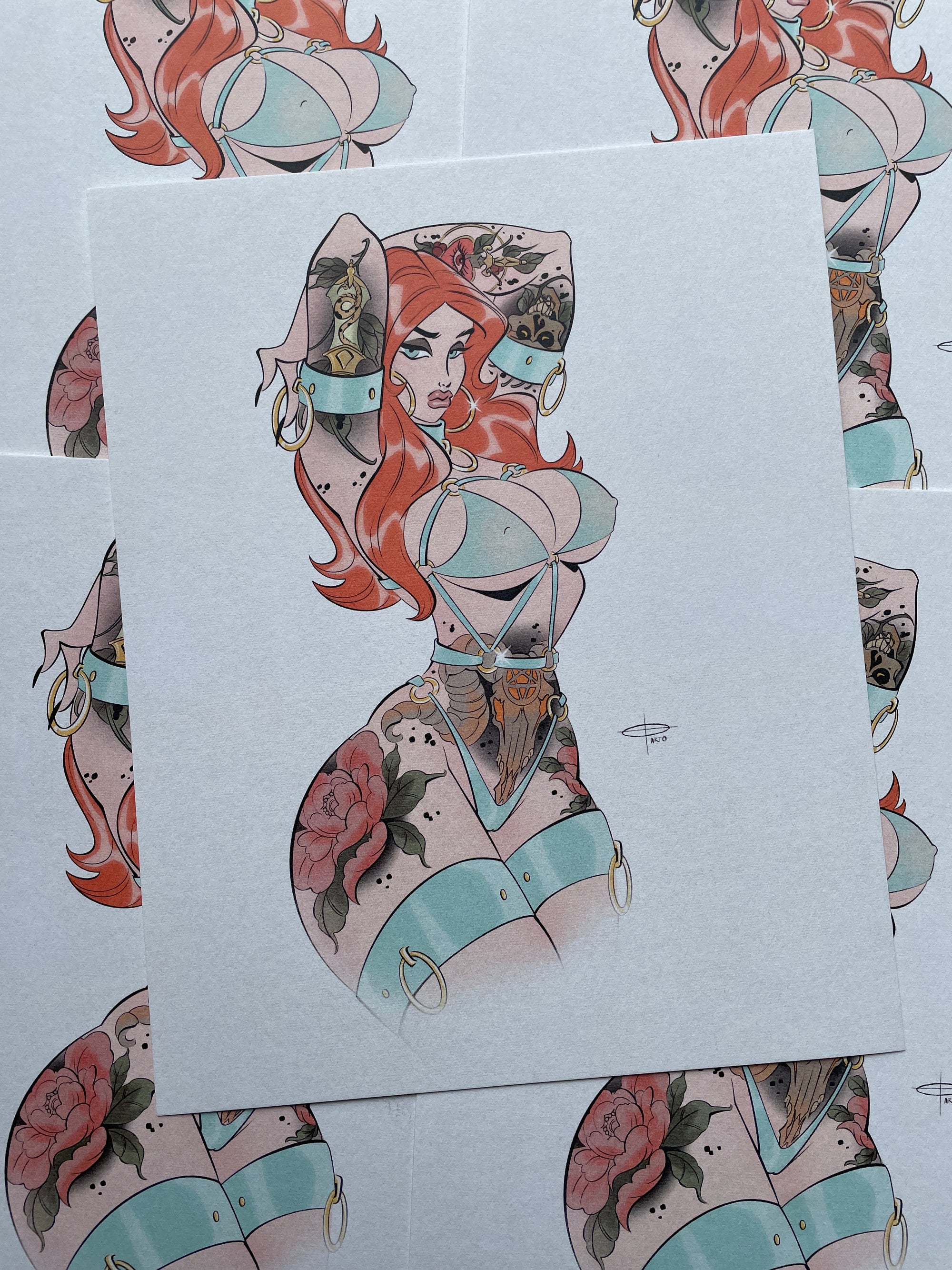 tattooed unholy pinup in lingerie cotton print by bloodknotcollective