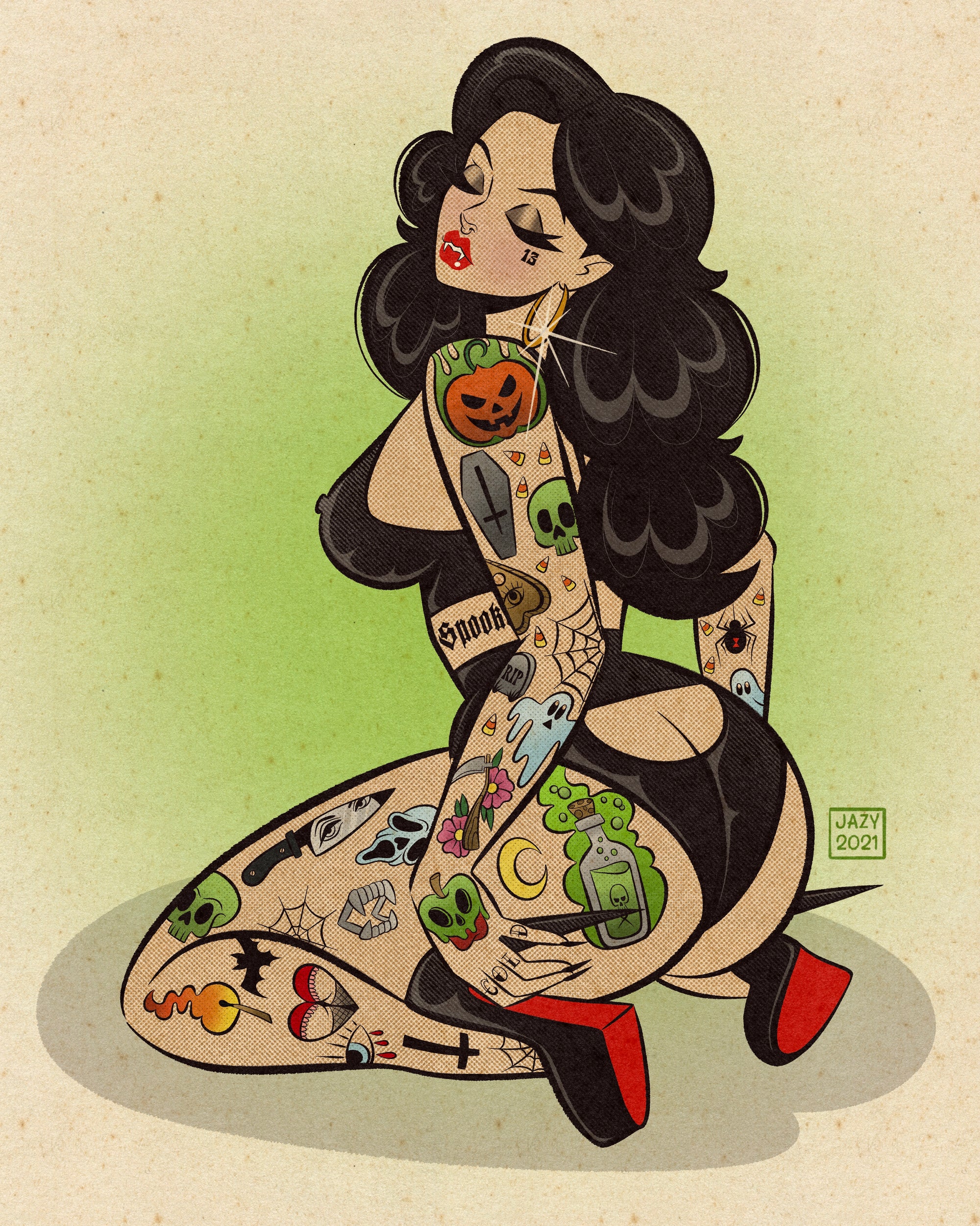 vampire babe print with woman on knees and halloween tattoos