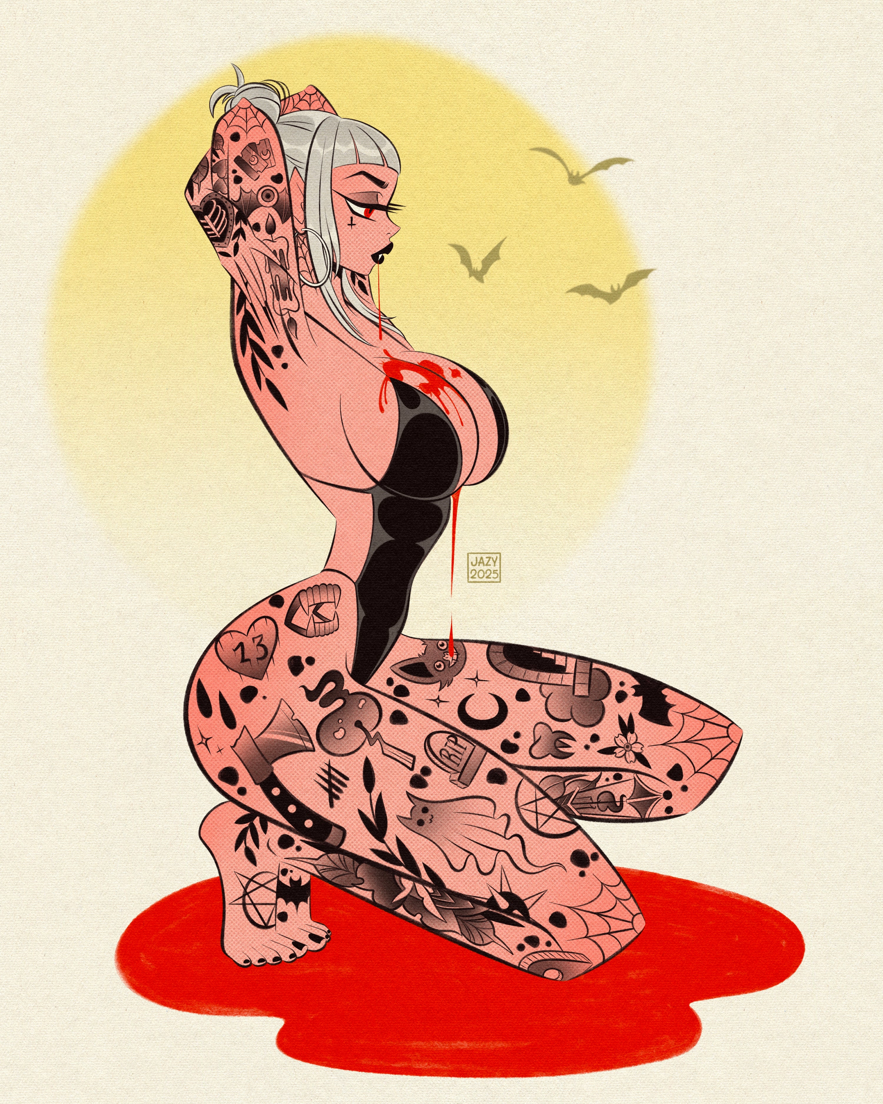 tattooed vampire with blood print by bloodknotcollective